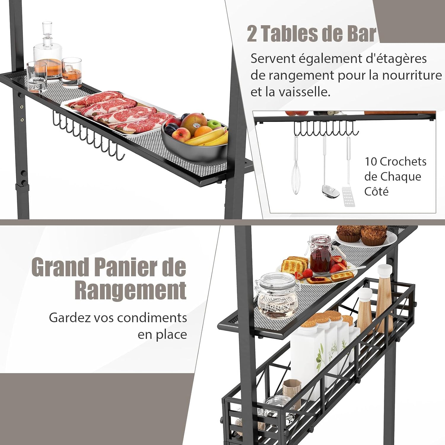 GOPLUS - tonnelle barbecue extérieur - 242x153x250cm - double toit, crochets, décapsuleur