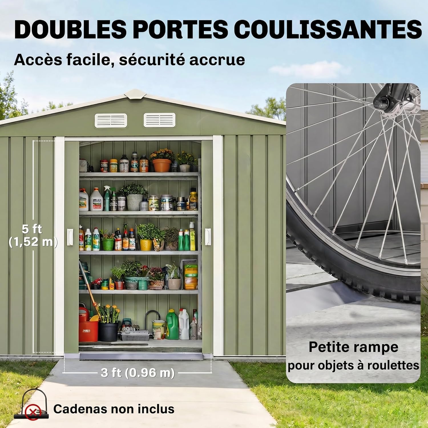 Outsunny - abri de jardin XXL - 277x195x192 cm - acier, portes coulissantes, 4 aérations, fondation