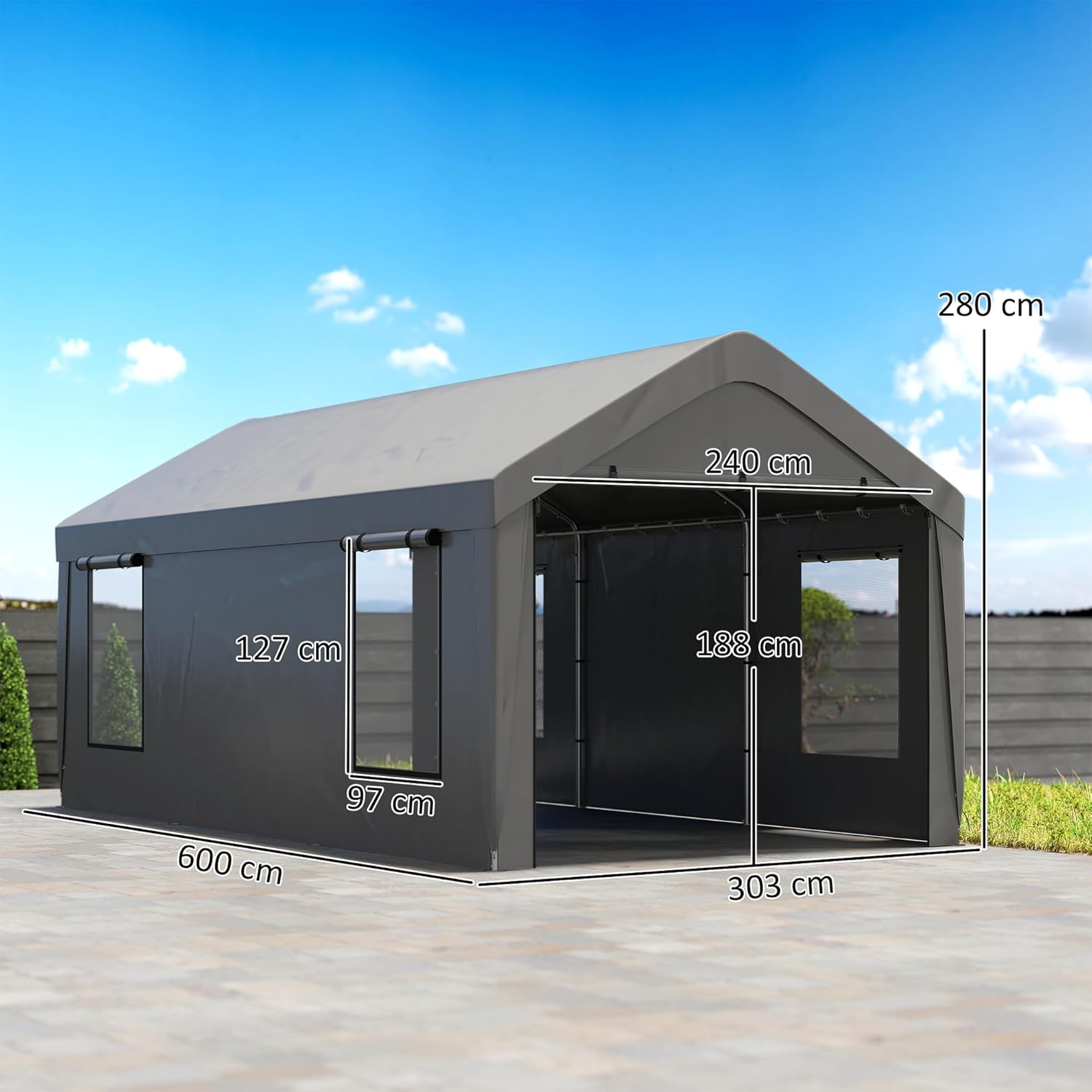 Outsunny - Carport 3x6 m - parois amovibles, 4 fenêtres, 2 portes roulantes