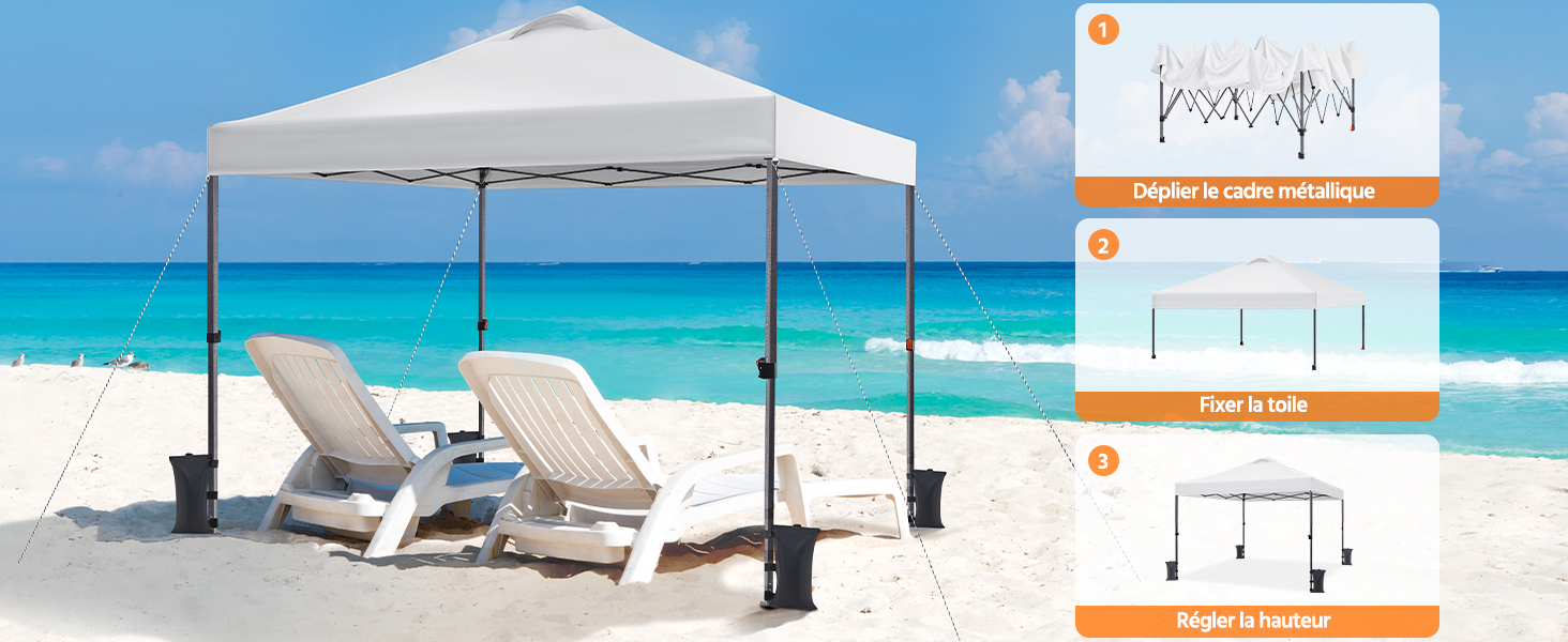 Tente à baldaquin escamotable blanche sur la plage avec chaises longues en dessous. Schéma du produit montrant les instructions de montage sur le côté droit.