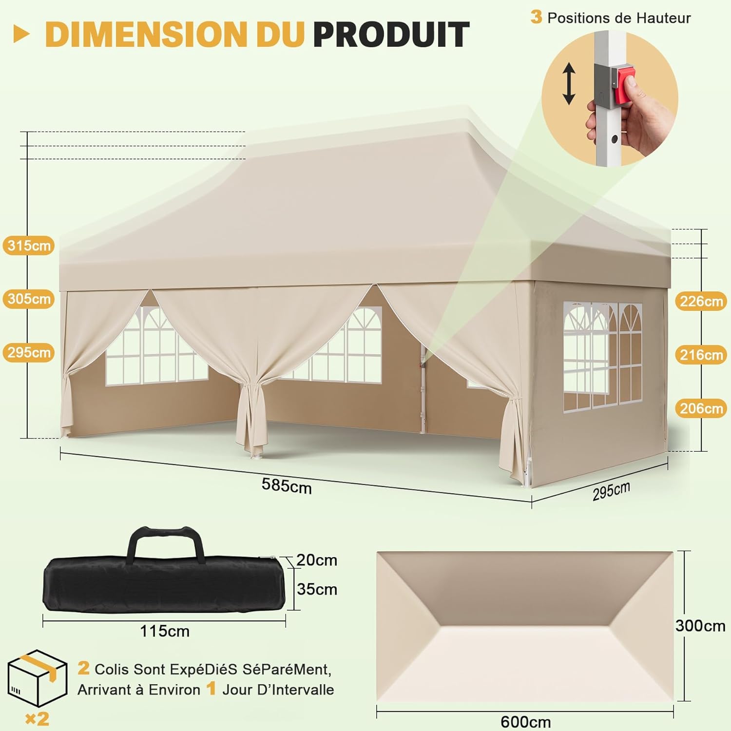 Devoko - tonnelle pliante série 3x6 - réglable, tissu Oxford imperméable, beige