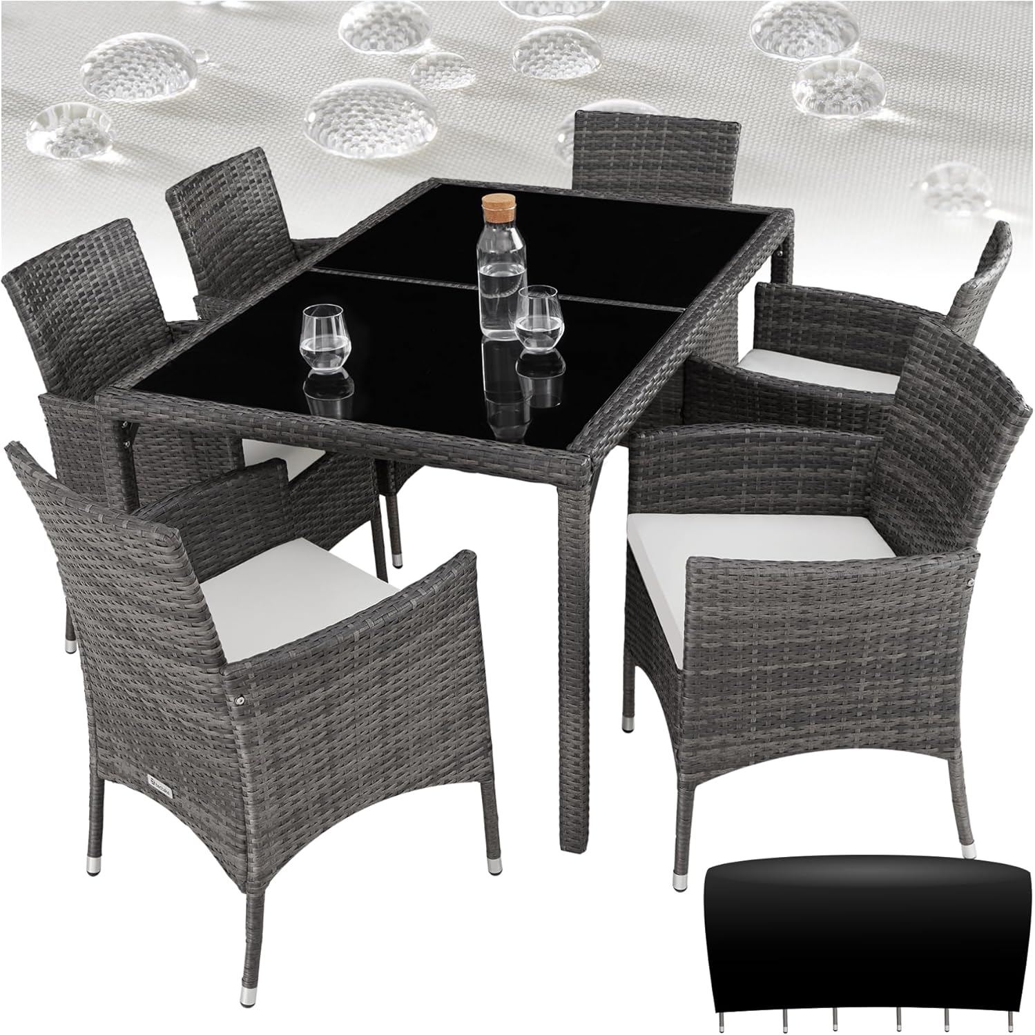 tectake - Salon de jardin poly rotin, 6 chaises, table, résistant UV, gris/blanc