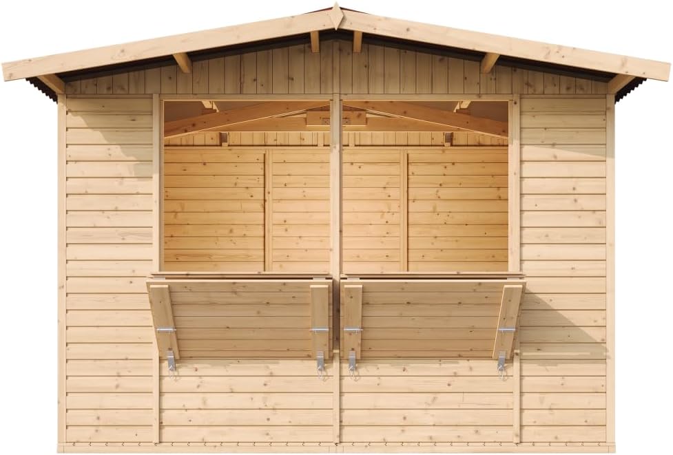 TIMBELA M150 Maison de Jardin en Bois – Étal de Marché avec Comptoir, L336xP263xH232 cm / 6 m², Facile à Monter et à Démonter, Bar Jardin, Abri Multifonctionnel