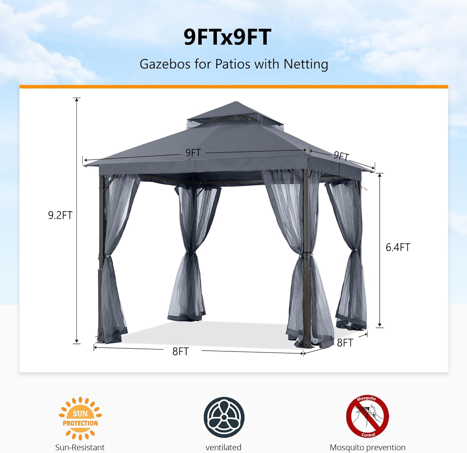 ABCCANOPY - Abri de jardin série terrasse - 2,4x2,4m - acier, moustiquaire, gris foncé
