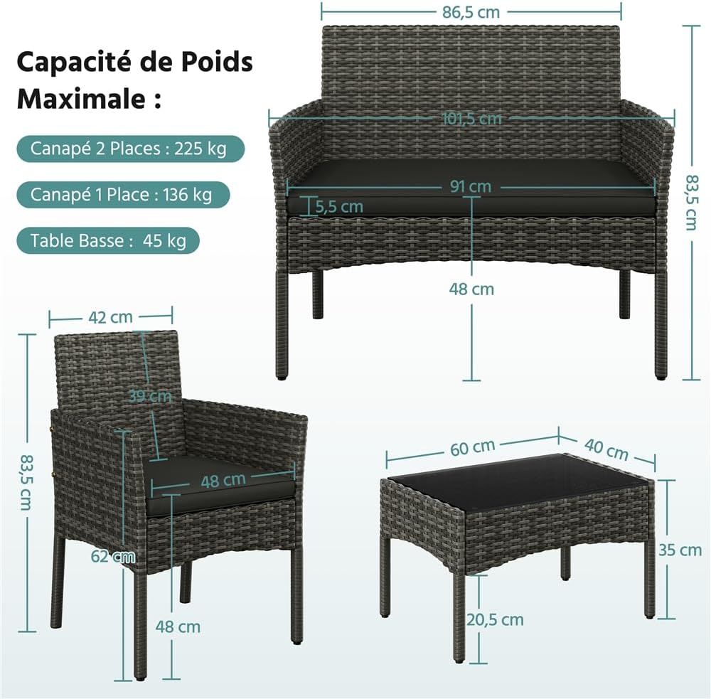 Yaheetech - Salon de Jardin 4 pièces - Polyrotin métal - Canapé 2 places, fauteuils, coussins, table basse