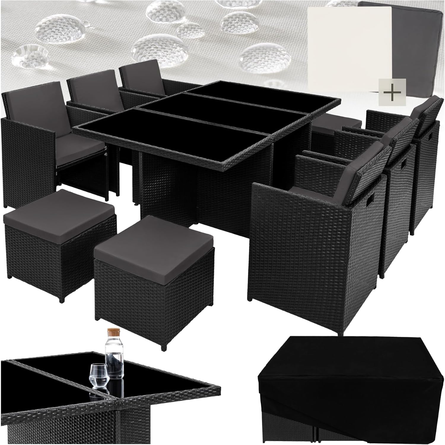 tectake - Salon de jardin Poly Rotin 10 personnes aluminium 2 housses, dimensions généreuses, noir