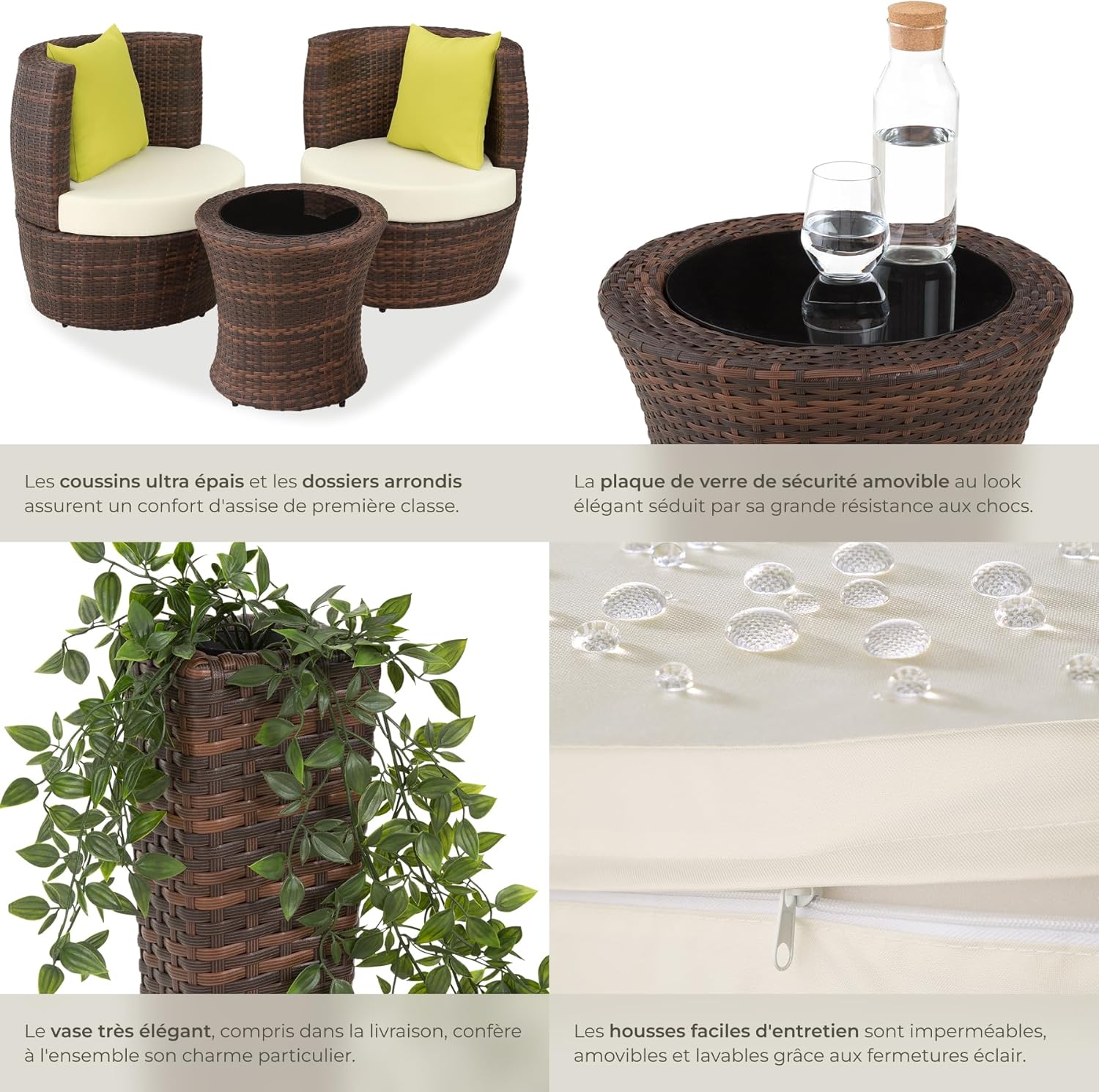 tectake - Salon de jardin 2 places - aluminium & rotin, coussins, pot, balcon