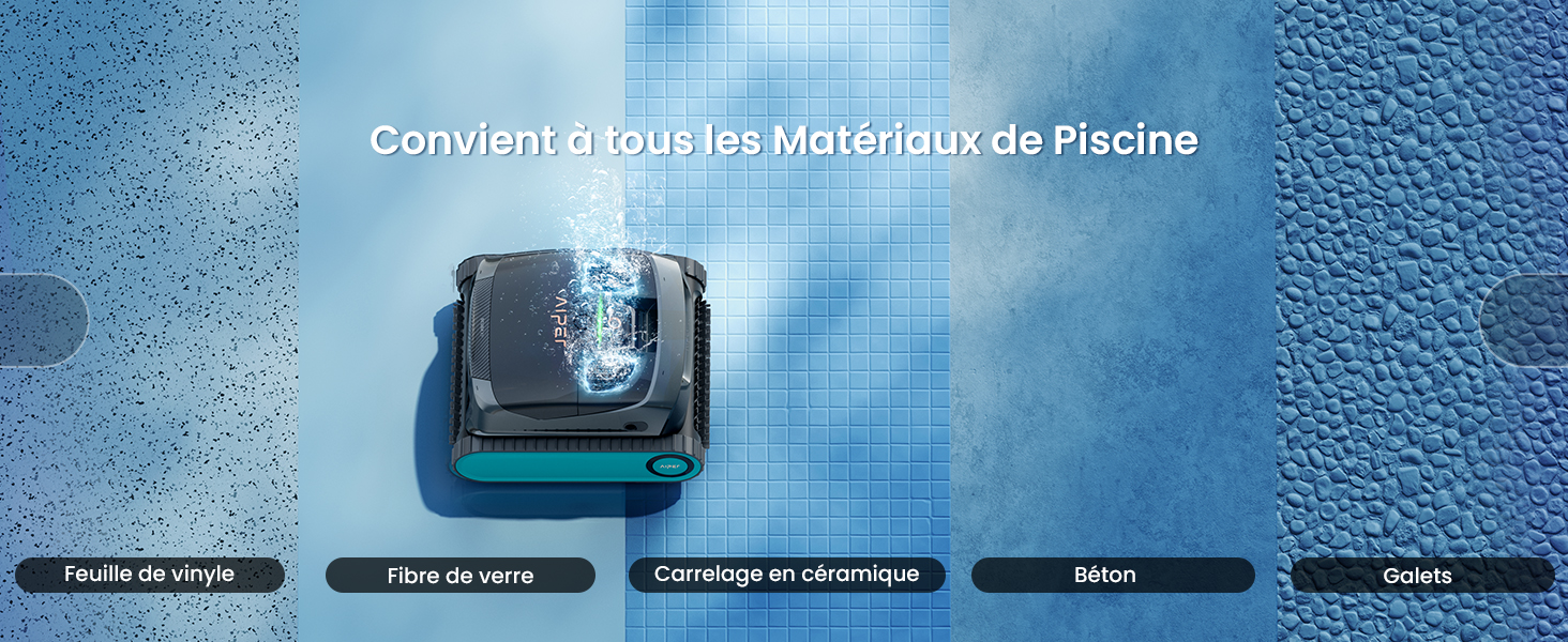 Le texte indique « Contrôleur les Motorisés de Piscine » en haut de la page. Boutons de navigation étiquetés « Accueil », « Aller vers le », « Catalogue et téléchargeur », « Relier ». Dispositif de commande de piscine illustré sur fond d'eau/de piscine.