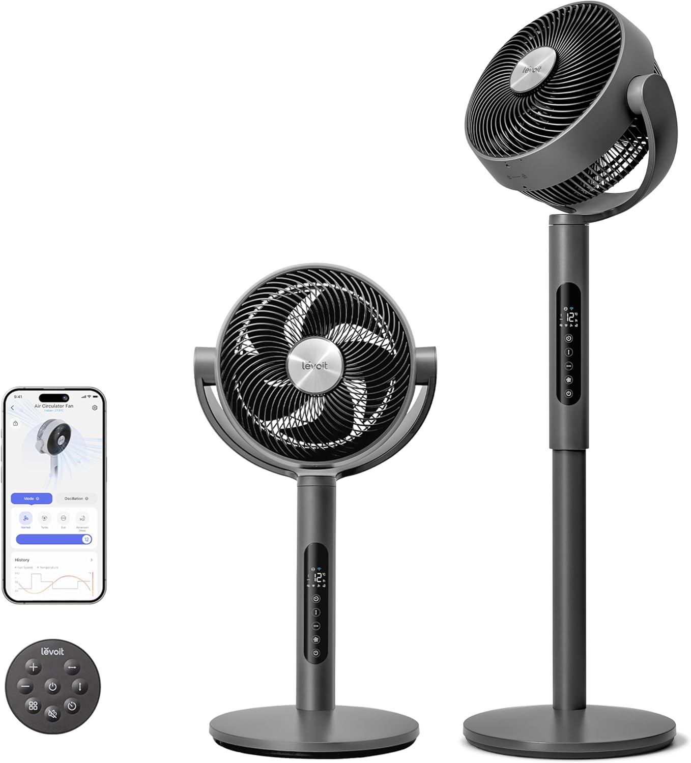 LEVOIT Ventilateur sur pied intelligent silencieux 20 dB, moteur DC, faible consommation avec Wi-Fi, 4 modes et 12 vitesses de ventilation, portée d’air de 30 m, minuterie 12 h, oscillation 90° + 120°