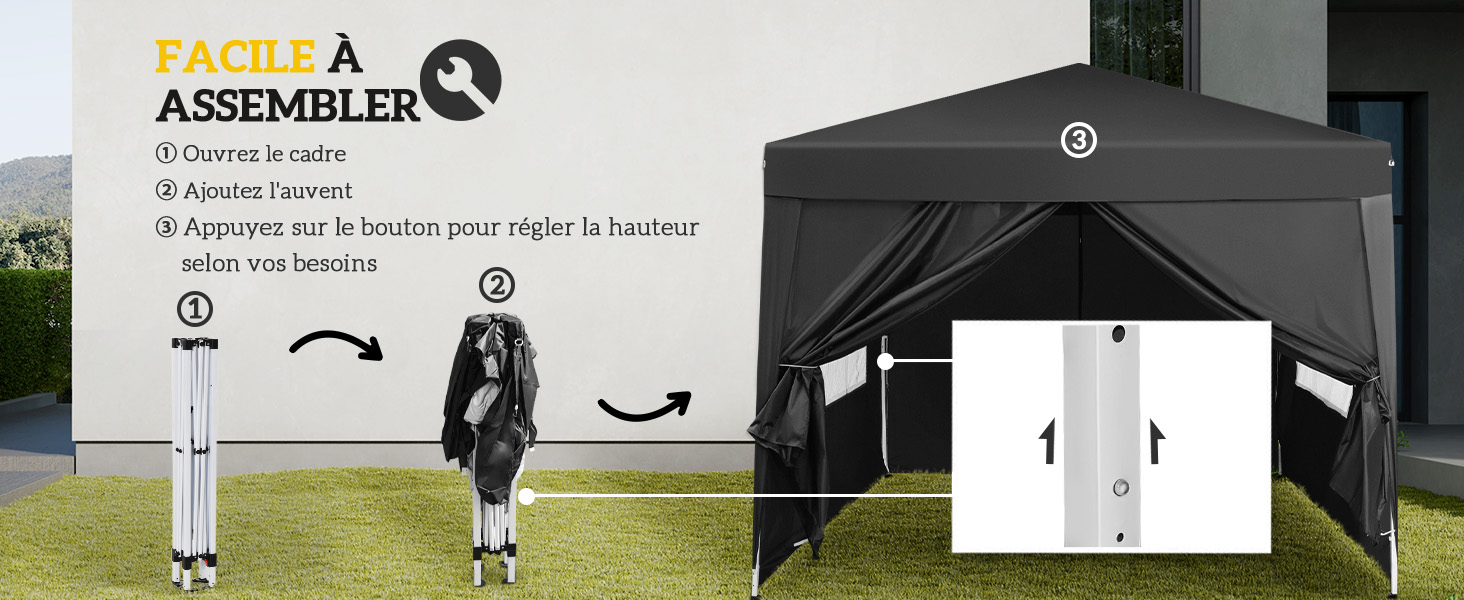 Schéma d'instructions de montage pour une tente à baldaquin escamotable noire, montrant les étapes de configuration à l'aide de figures illustrées simples.