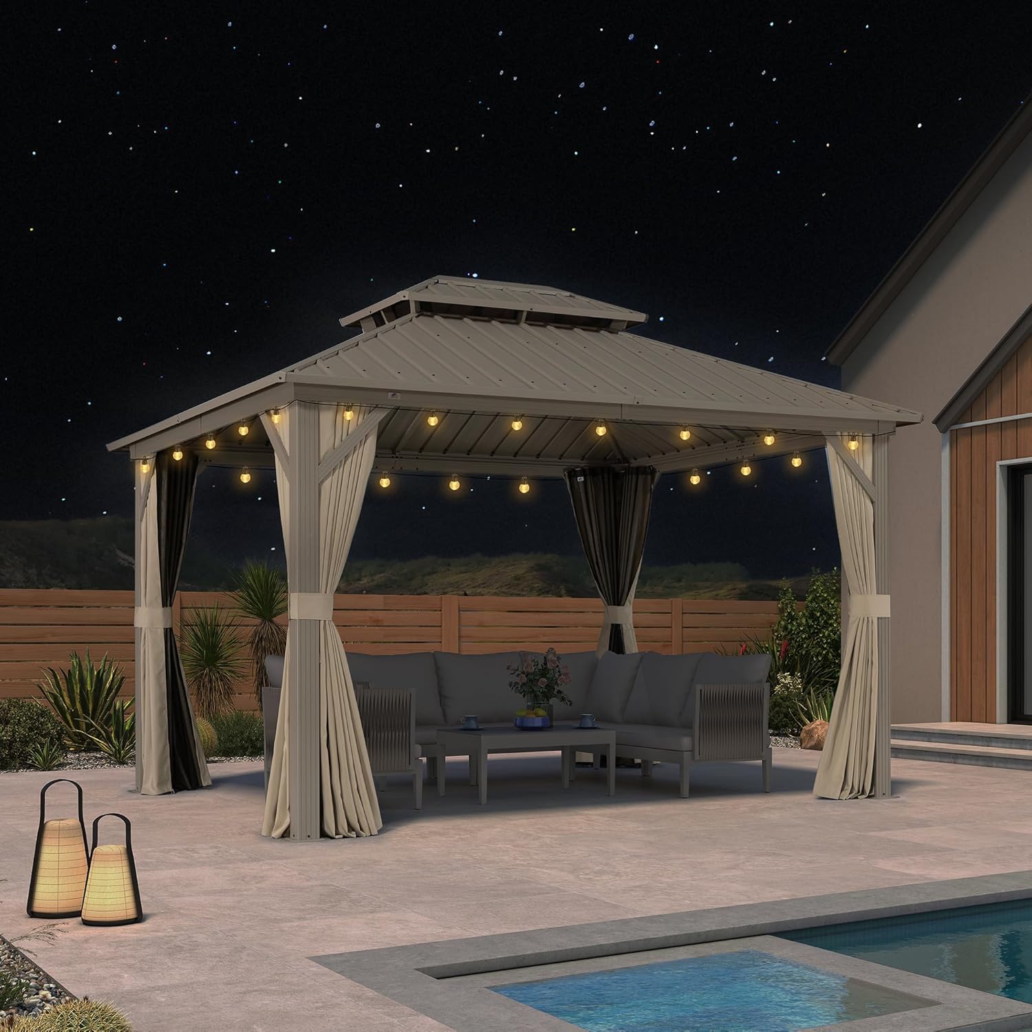 PURPLE LEAF Tonnelle de Jardin Extérieur 3,65 x 3 m avec Éclairage Extérieur, Pergola Aluminium à Toit Rigide en Acier Galvanisé, Pavillon Imperméable pour Camping, Fête, Barbecue, Champagne