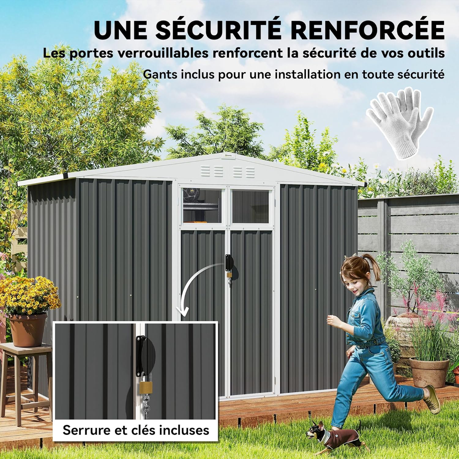 Outsunny Abri de Jardin en métal 2,7 m² cabane de Jardin 246 x 117 x 180 cm cabanon Rangement Outils avec fenêtre, 4 évents et Porte verrouillable, cabanon Jardin extérieur en Acier galvanisé, Gris