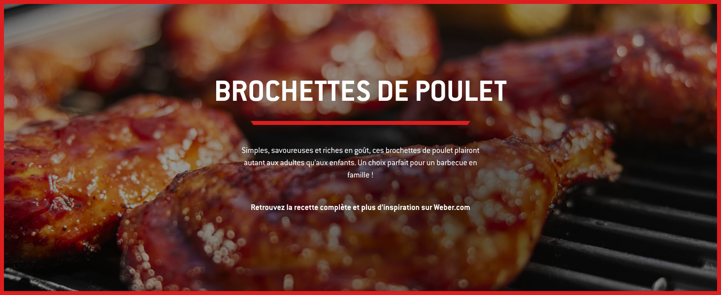Le texte se lit comme suit : « BROCHETTES DE POULET ». Série d'images de préparation d'aliments montrant de la viande marinée sur un gril ou une surface de cuisson.