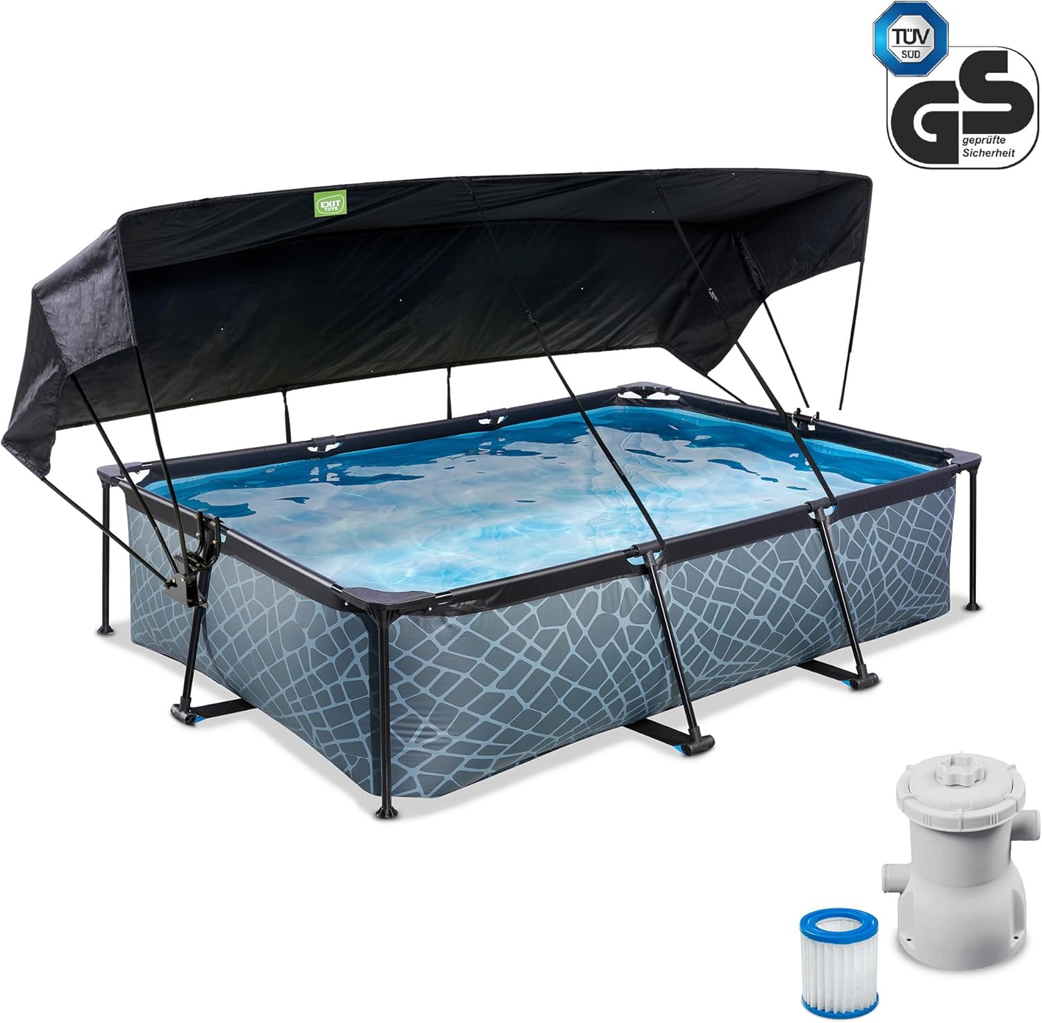 EXIT Toys Piscine Stone avec Voile d'Ombrage - 300x200x65cm - Piscine Hors Sol Rectangulaire avec Pompe Filtrante à Cartouche - Protection Optimale Contre Les Rayons UV - Entrée Basse - Gris