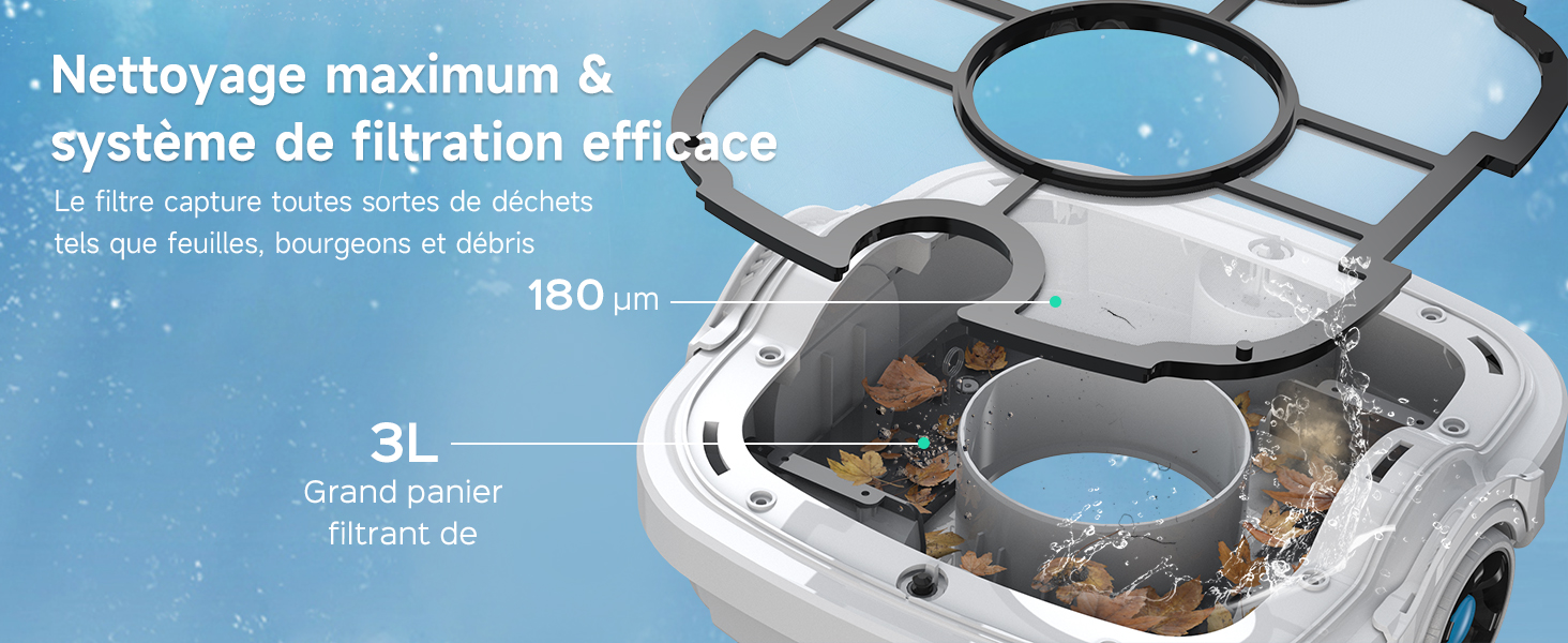 Le texte se lit comme suit : « Nettoyage maximum et système de filtration efficace » Schéma technique montrant la capacité de 3 L et les spécifications du système de filtration de 180 μm pour un système de filtration d'appareil.