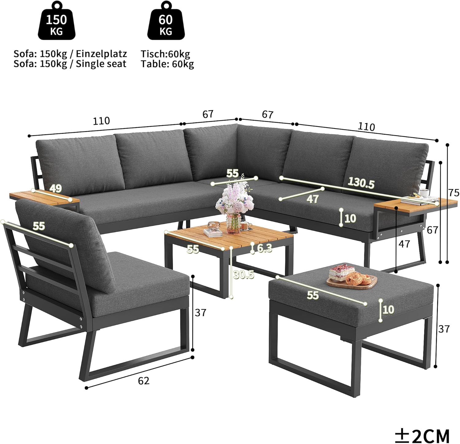 Sapgaks - salon de jardin 7 places, angle inclinable, coussins, table basse - F-Gris