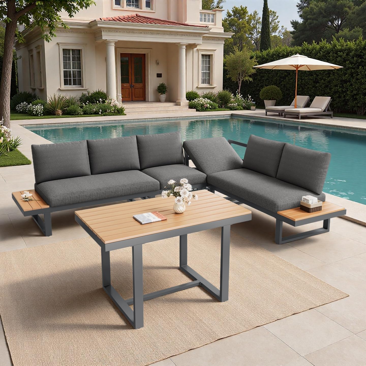 Sapgaks - Ensemble salon jardin inclinable 5 positions - structure acier, plateau bois-plastique, table incluse - gris/n