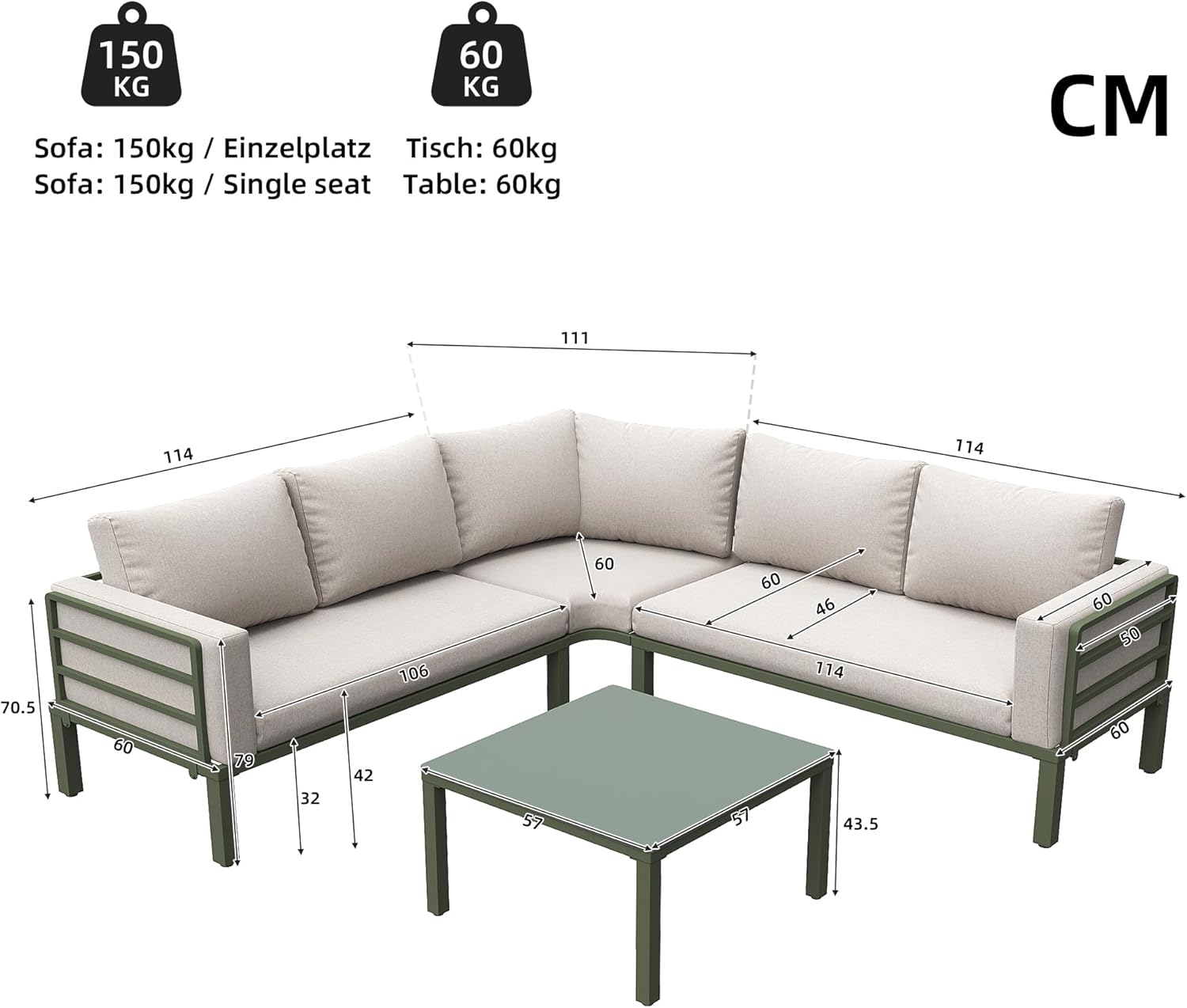 Sapgaks - Salon de jardin D-Beige, fer galvanisé, 4-5 pers., coussins