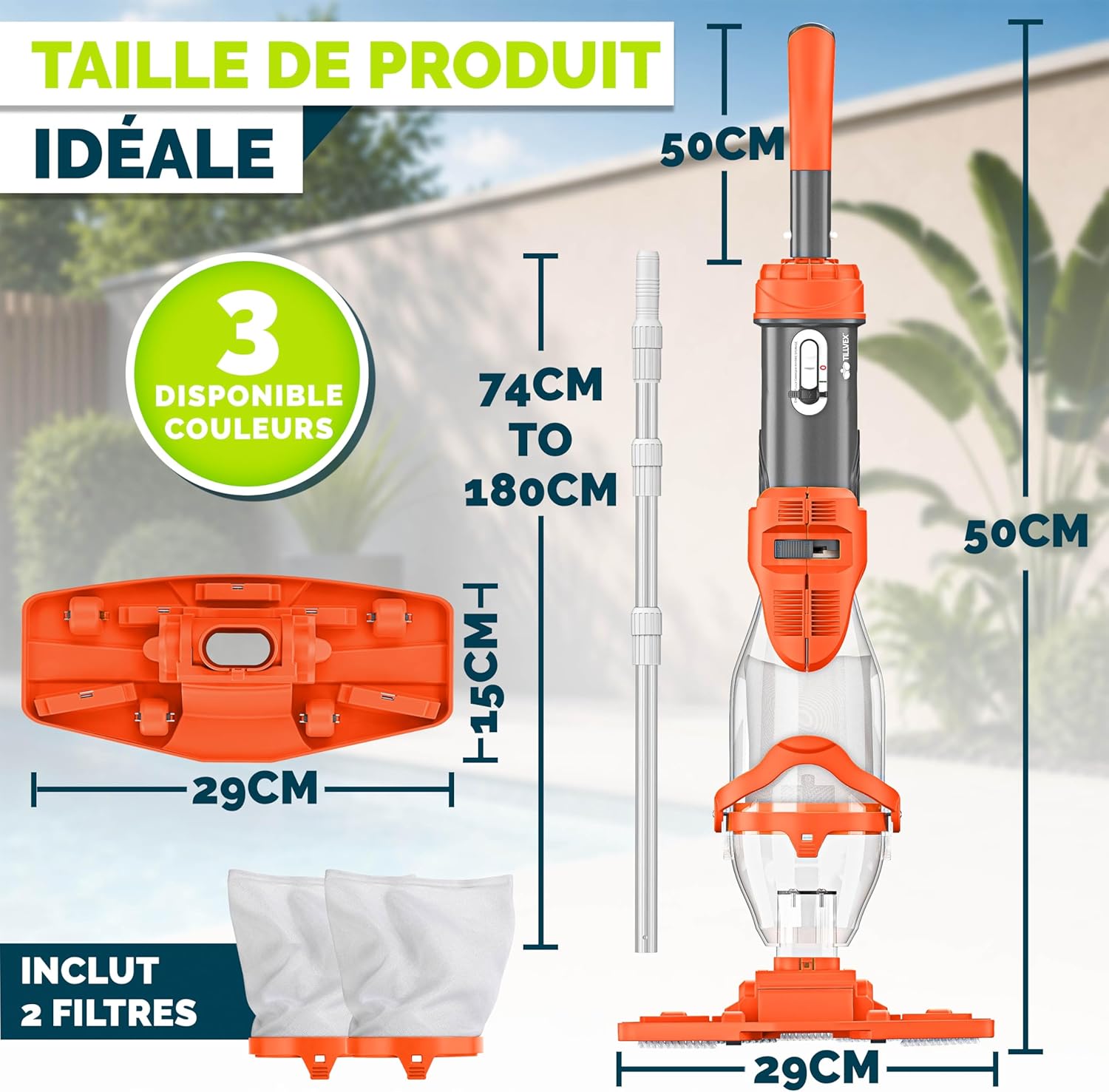 tillvex - Aspirateur piscine électrique, manche téléscopique, 60 min autonomie, filtre intégré