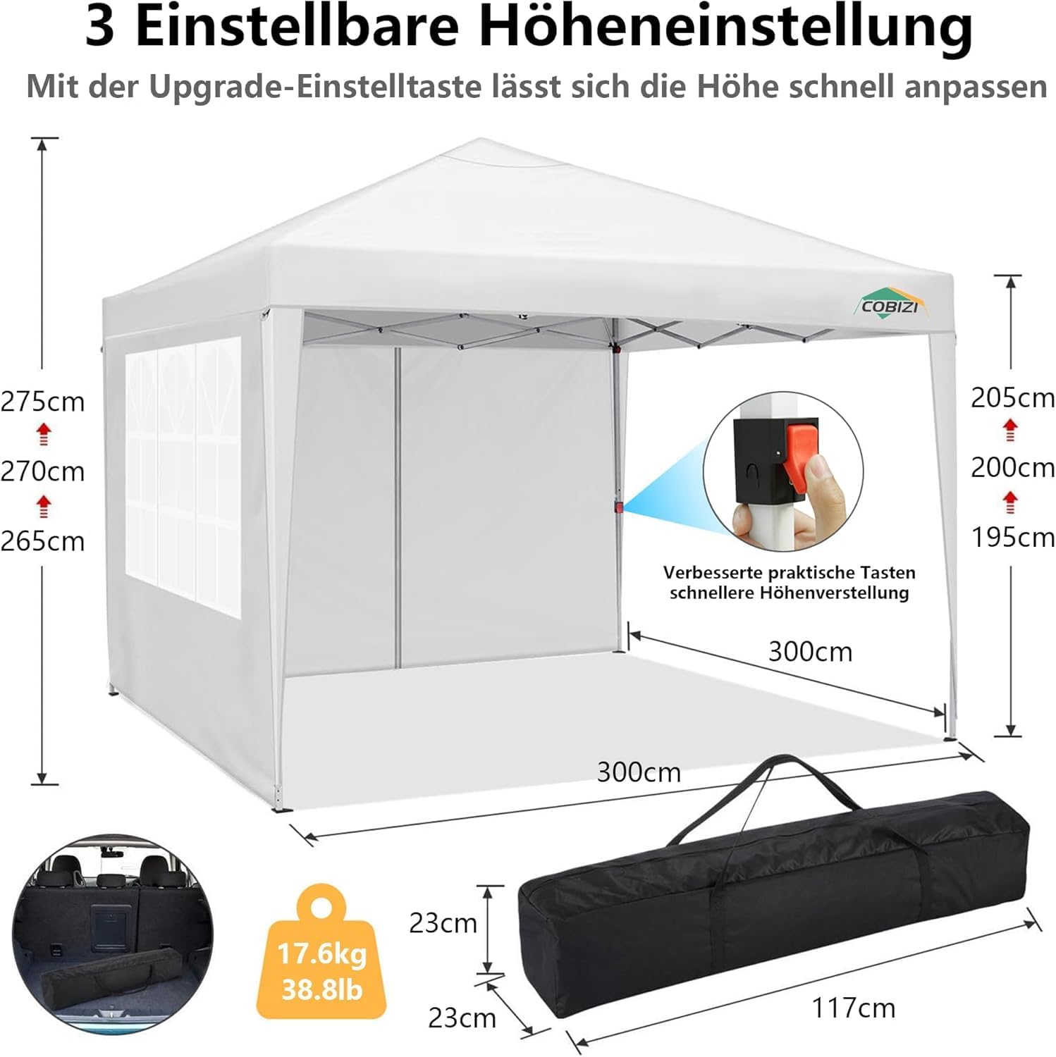 COBIZI - tonnelle pliable 3x3m - imperméable, anti-UV, panneaux amovibles
