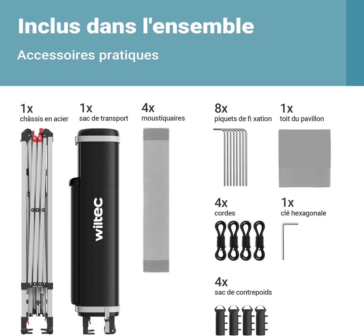 Wiltec - Pavillon pliant 4x4m - gris, moustiquaire, sac à roulettes