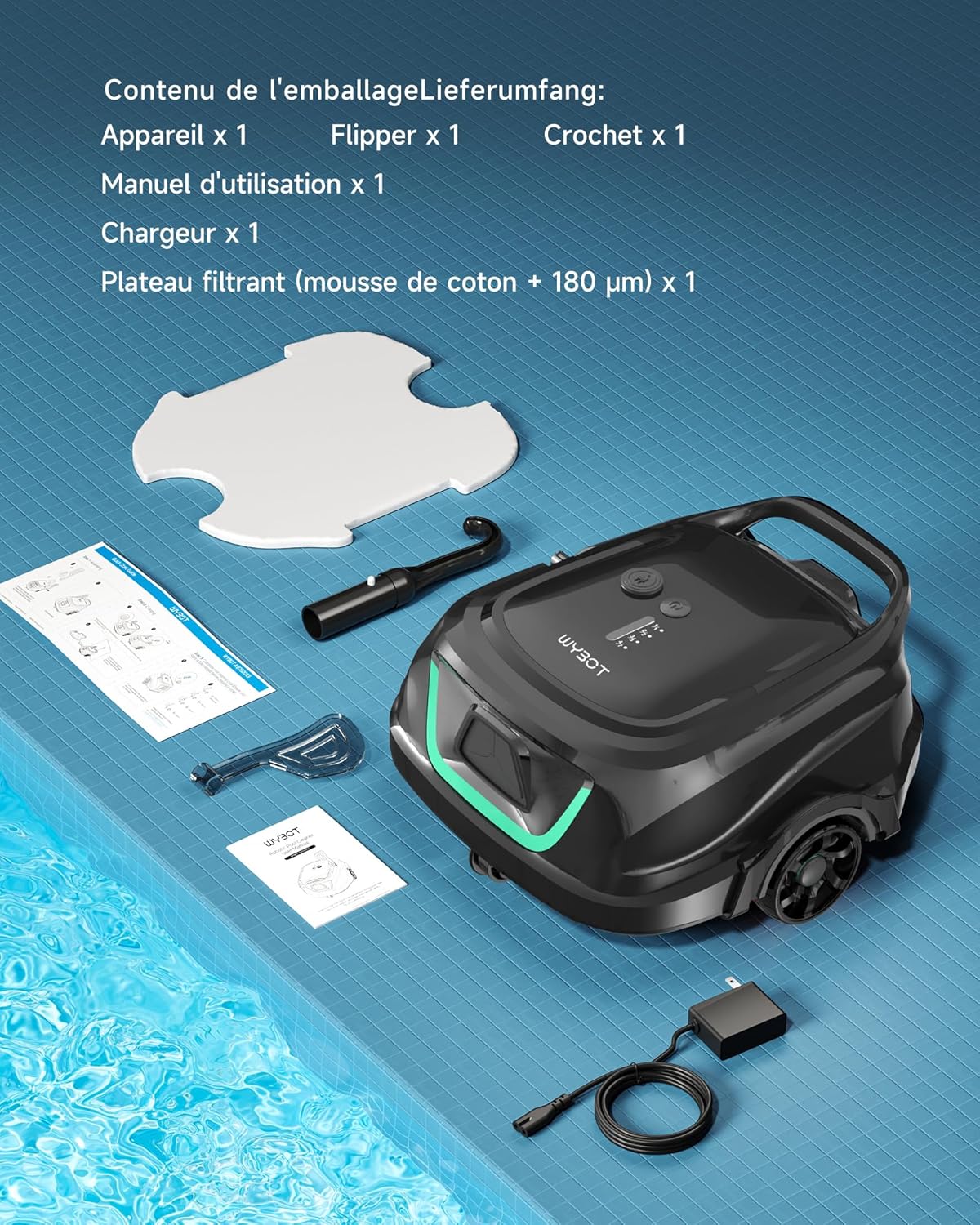 WYBOT A1max Robot Piscine sans Fil pour Piscines Hors-Sol, Aspirateur Automatique, Robot Piscine 130 Min Autonomie, Double Filtration, LED, Charge 2h, 4 Modes,Vert forêt