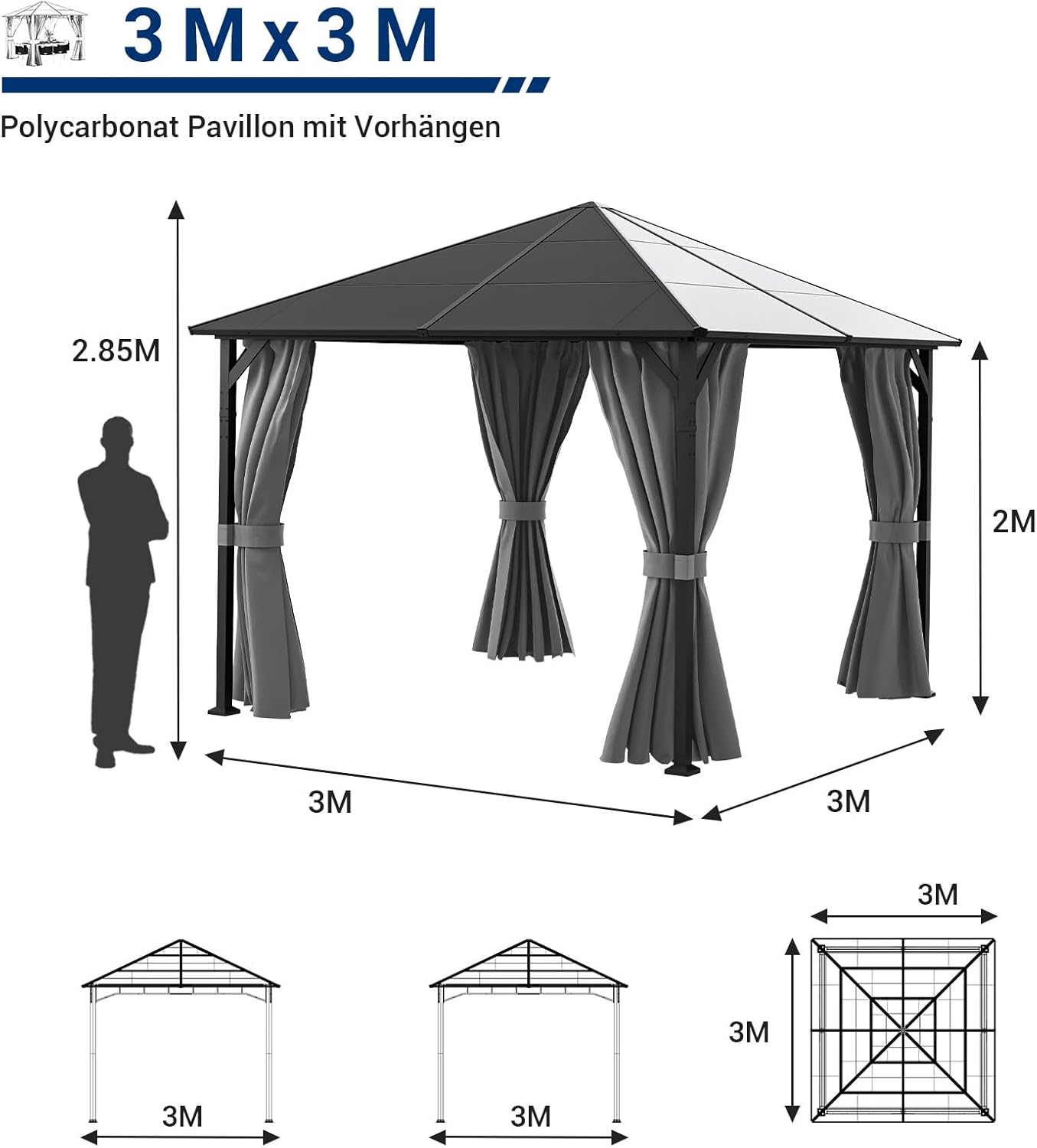 UDPATIO - tonnelle jardin série imperméable 3x3m rideaux UV, Gris