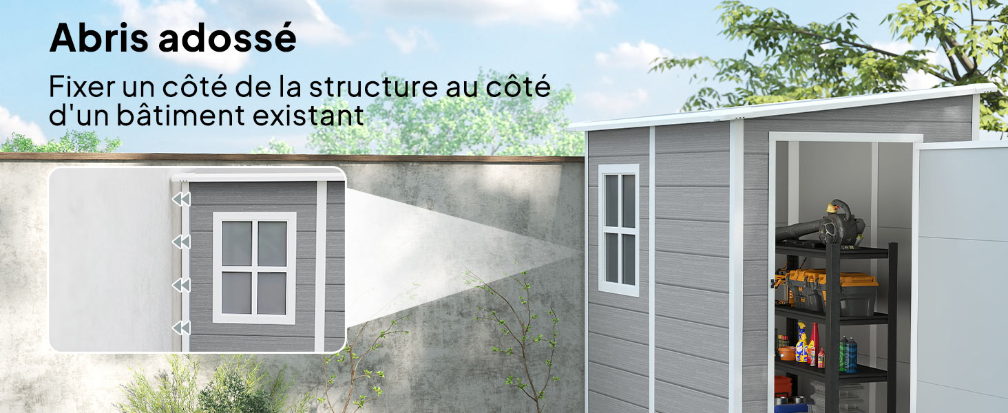 Le texte se lit comme suit : « Abris adossé » et « Fixation côté de la structure au côté d'un bâtiment existant ». Image divisée montrant l'installation d'un abri en appentis contre le mur du bâtiment.