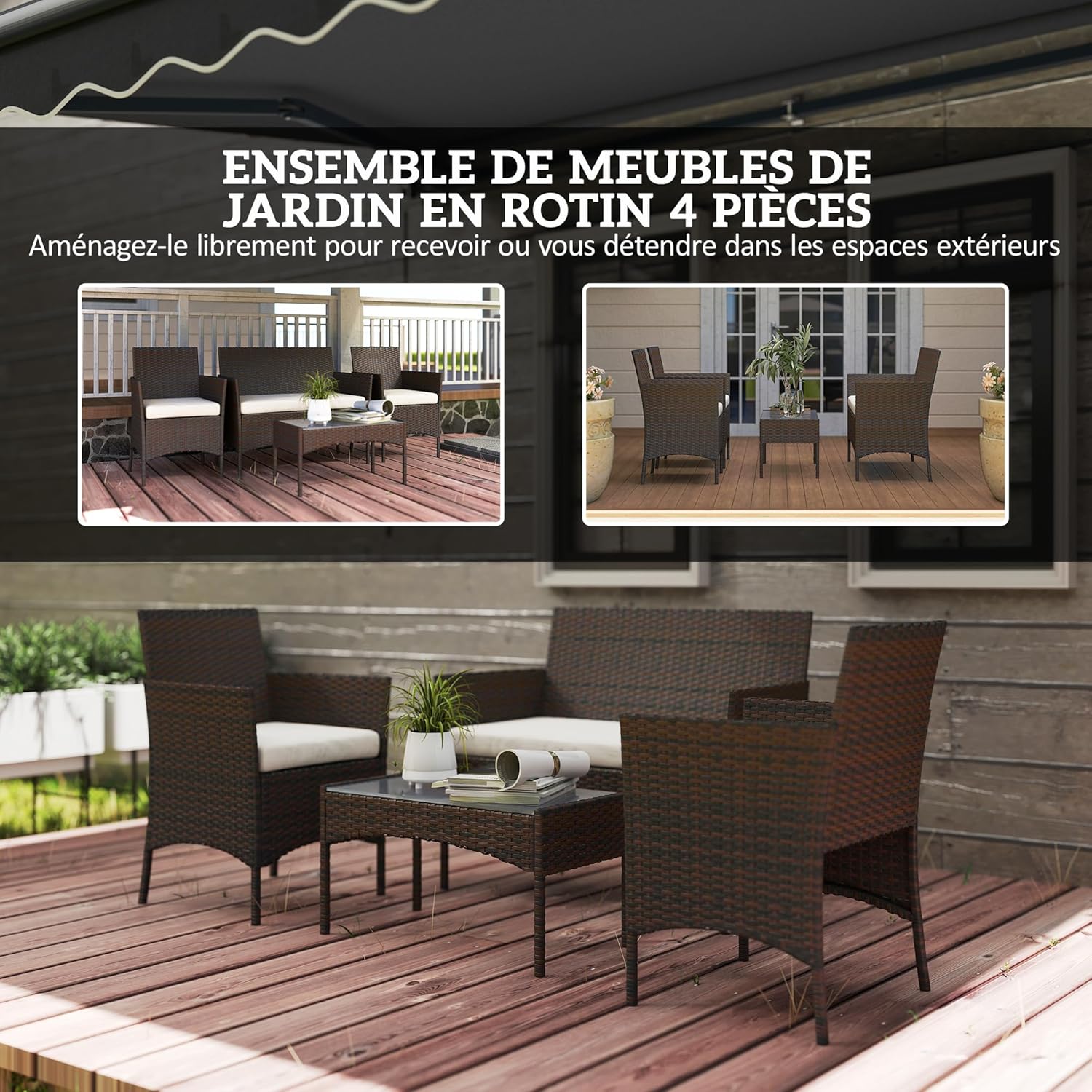 Outsunny - Salon jardin 4 personnes - canapés, table verre, coussins déhoussables, résine tressée, beige