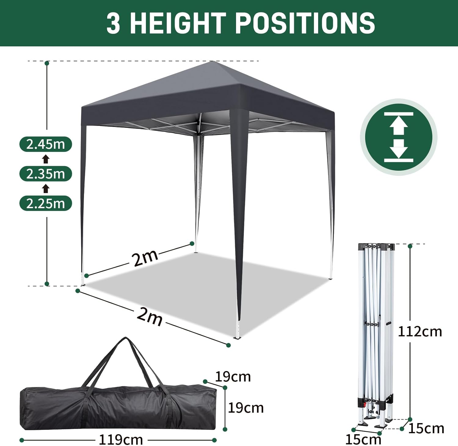 LEADZM - Pop-up série - 2x2m - Barnum imperméable, réglable, UV 50+, acier, 4 côtés coupe-vent