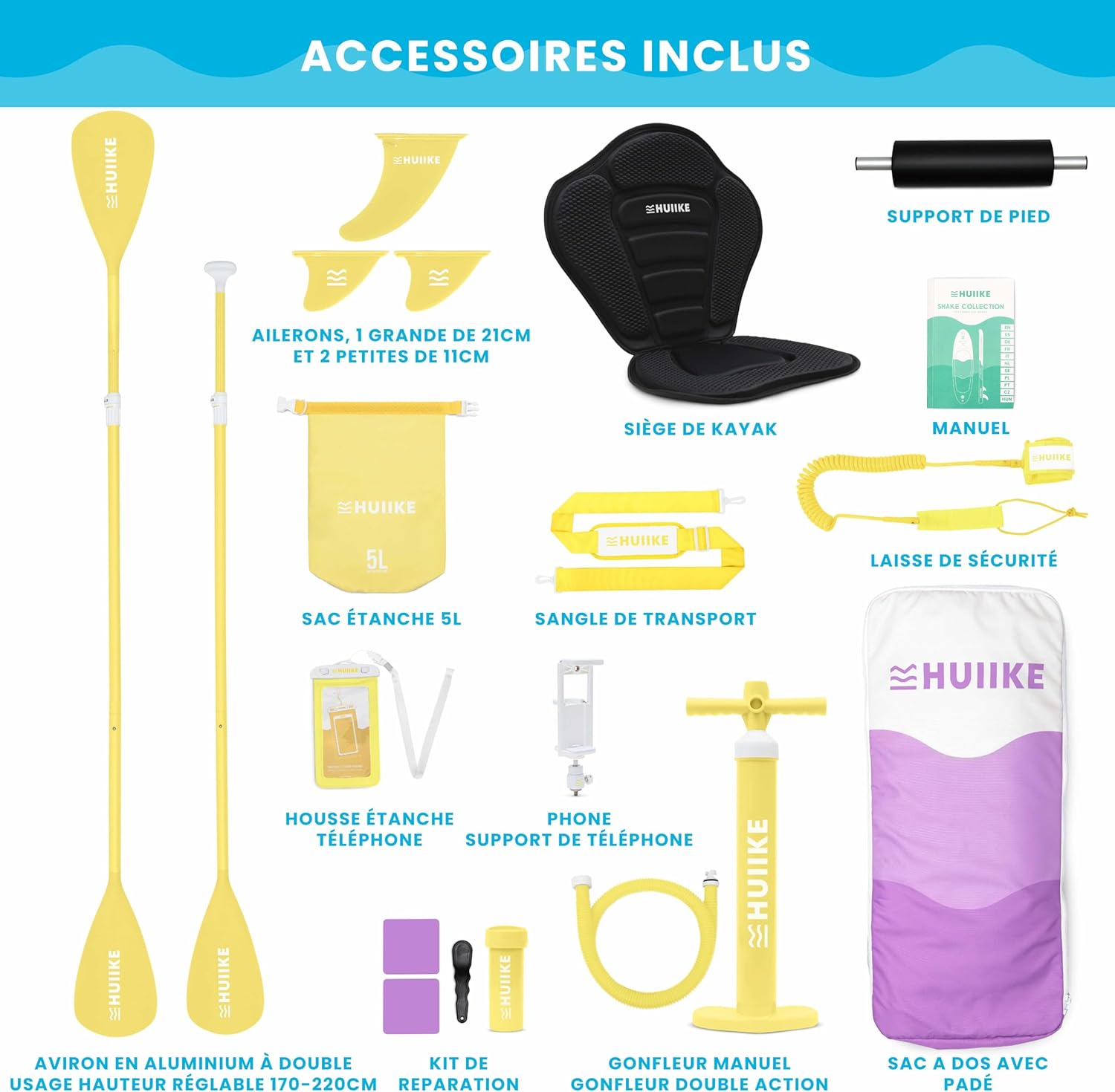 HUIIKE Paddle Gonflable Adulte avec Accessoires Inclus, Pagaie, Ailerons, Pompe. Planche de Stand Up Paddle Grande Stabilité et Résistance. 305 x 84 x 15 cm, Jusqu'à 130 kg