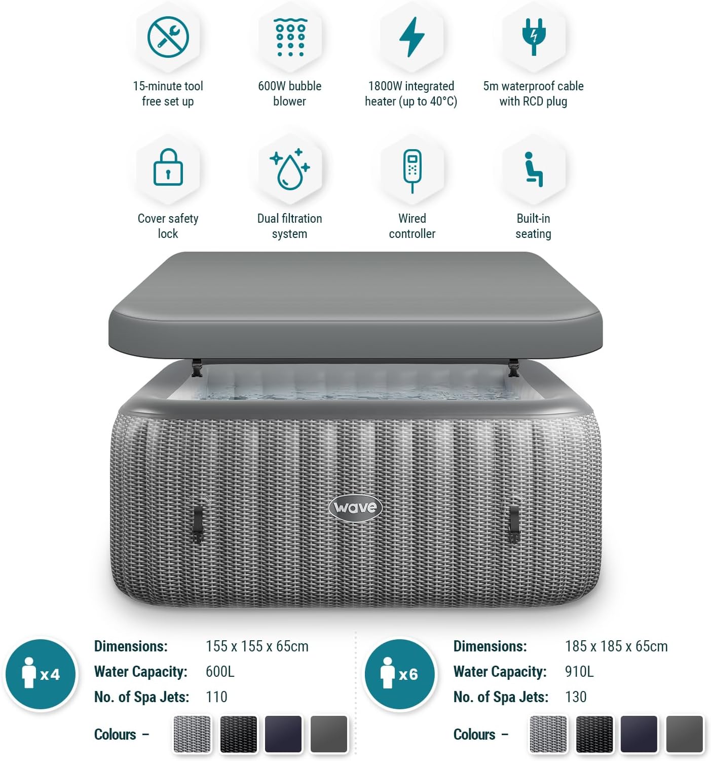 Spa Gonflable Wave | Chauffage écologique intégré | Système de Massage Aquajet | Protection antigel | Configuration Rapide en 15 Minutes (Pacific, Rotin Gris | 4 Personnes)
