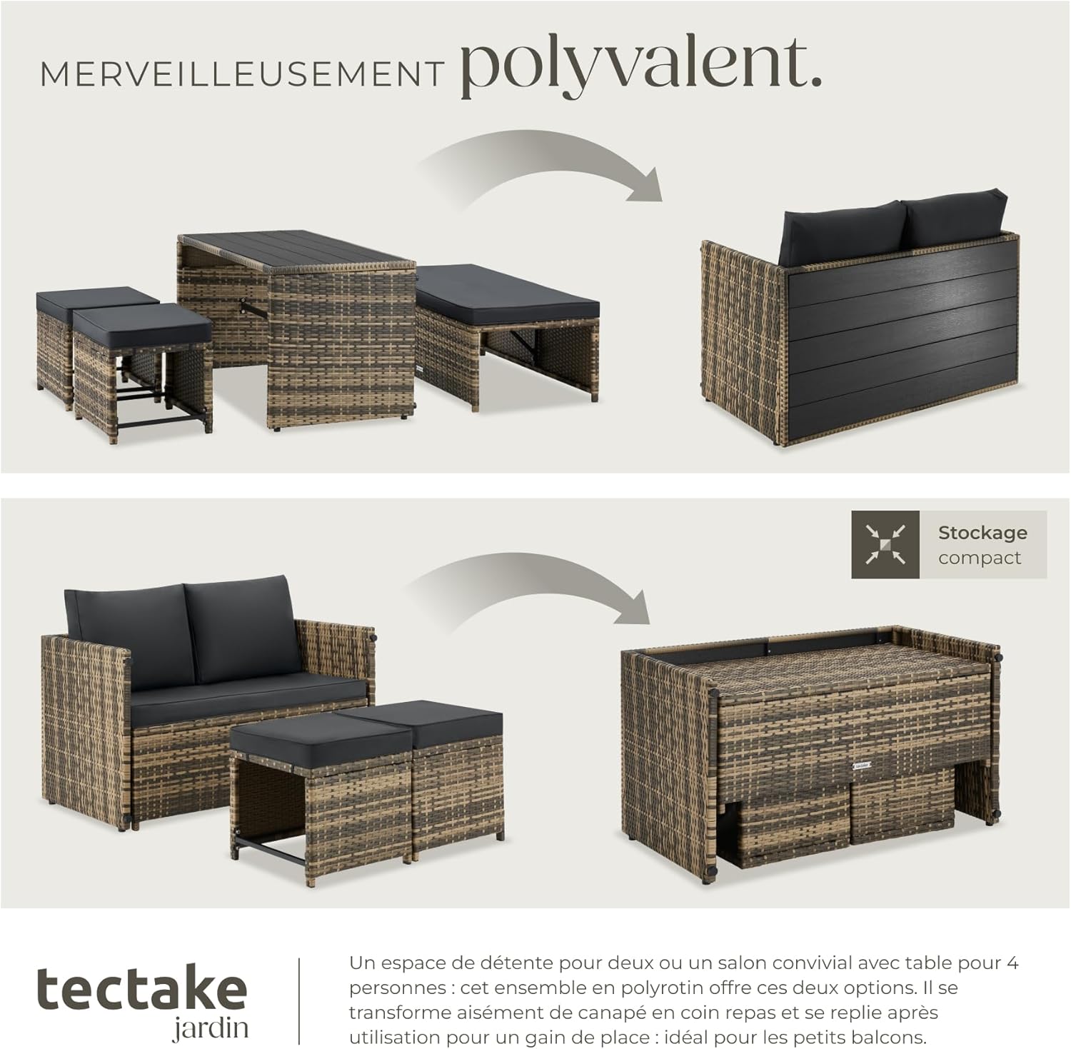 tectake - Salon de jardin modulable 2en1 4 places - canape exterieur, encastrable, table et chaises