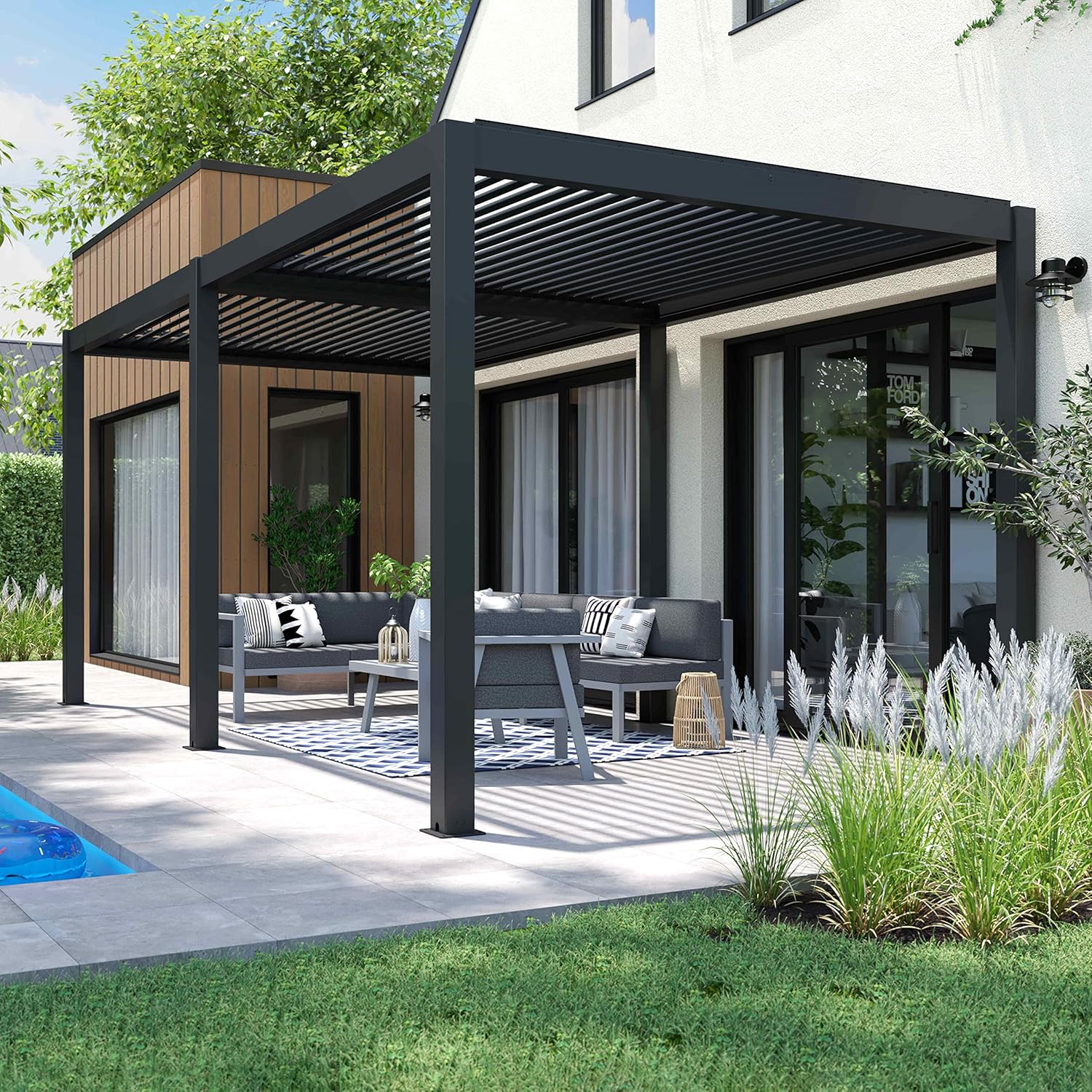 Oviala - Pergola bioclimatique autoportée - 3x6m - 4 stores gris