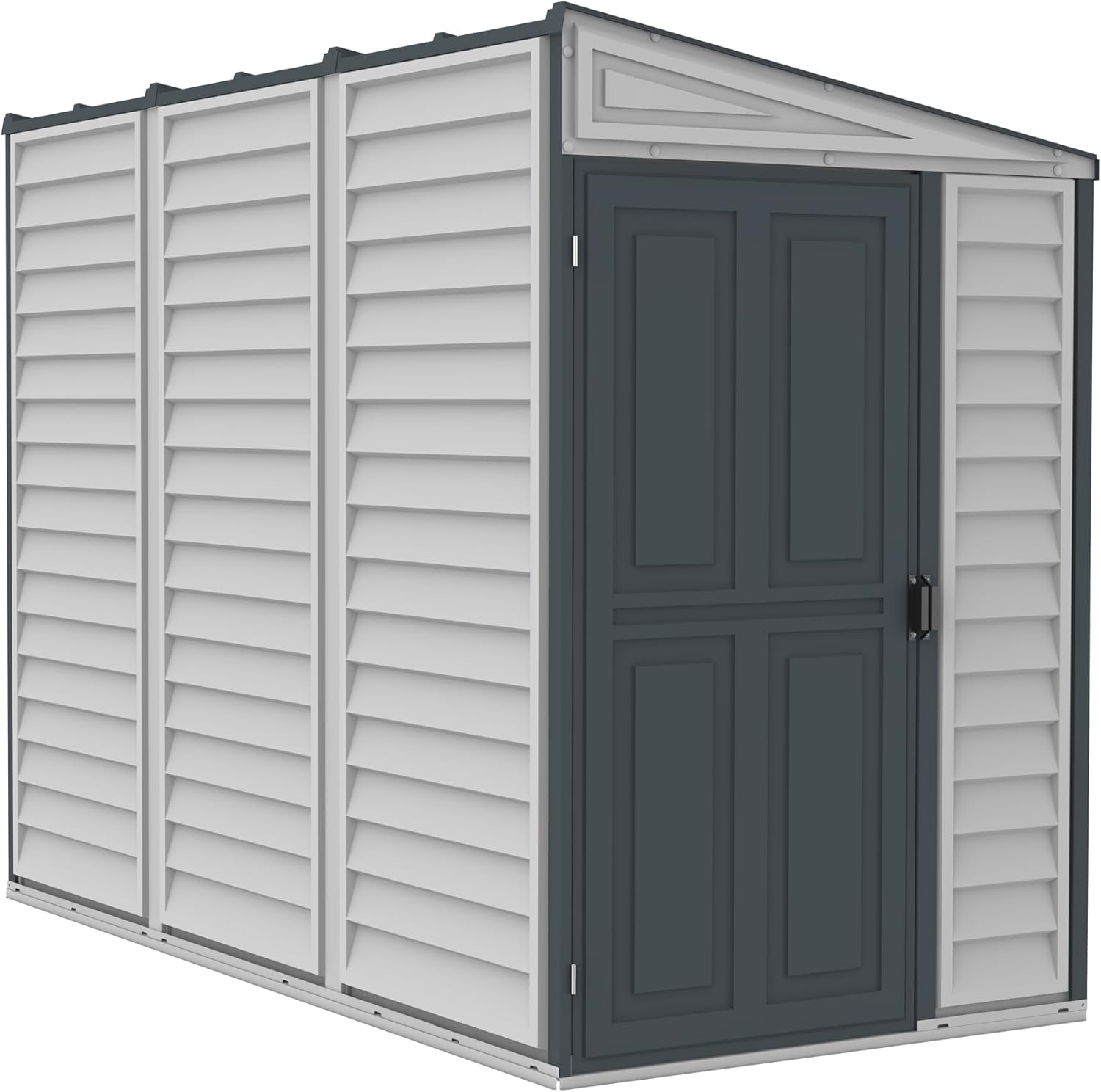 Duramax SideMate PLUS 4 x 8 (2.91 m²) abri de jardin en plastique avec kit de fondation en métal, porte réversible, structure de toit en métal robuste, abri en vinyle sans entretien, Gris foncé/ Adobe
