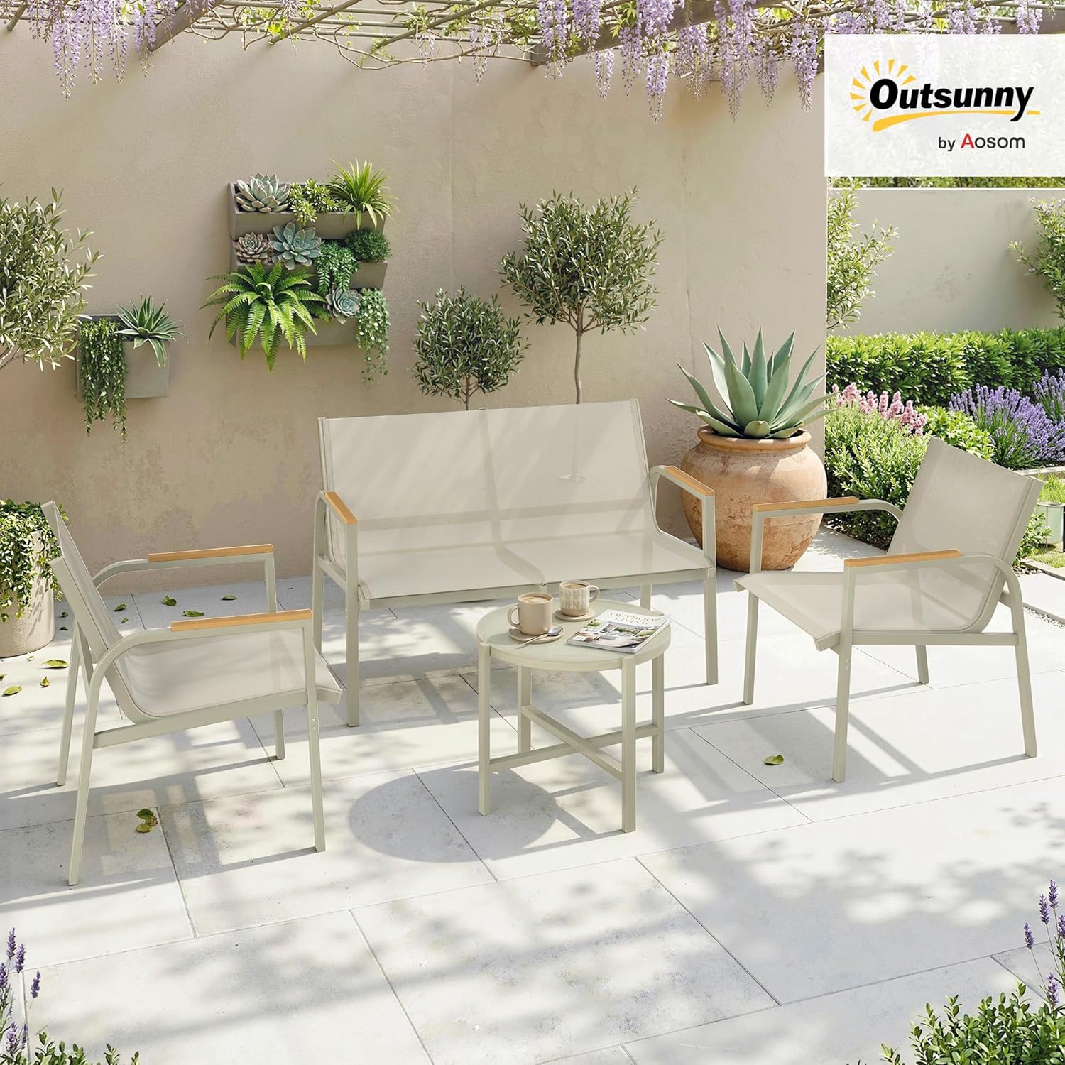 Outsunny - Salon de jardin 4 pièces textilène - 2 places, 2 fauteuils, table verre, vert