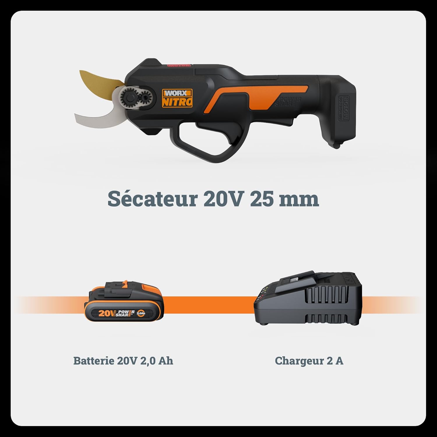WORX - Sécateur sans fil 20V, coupe 25mm, Brushless, compact WG330E