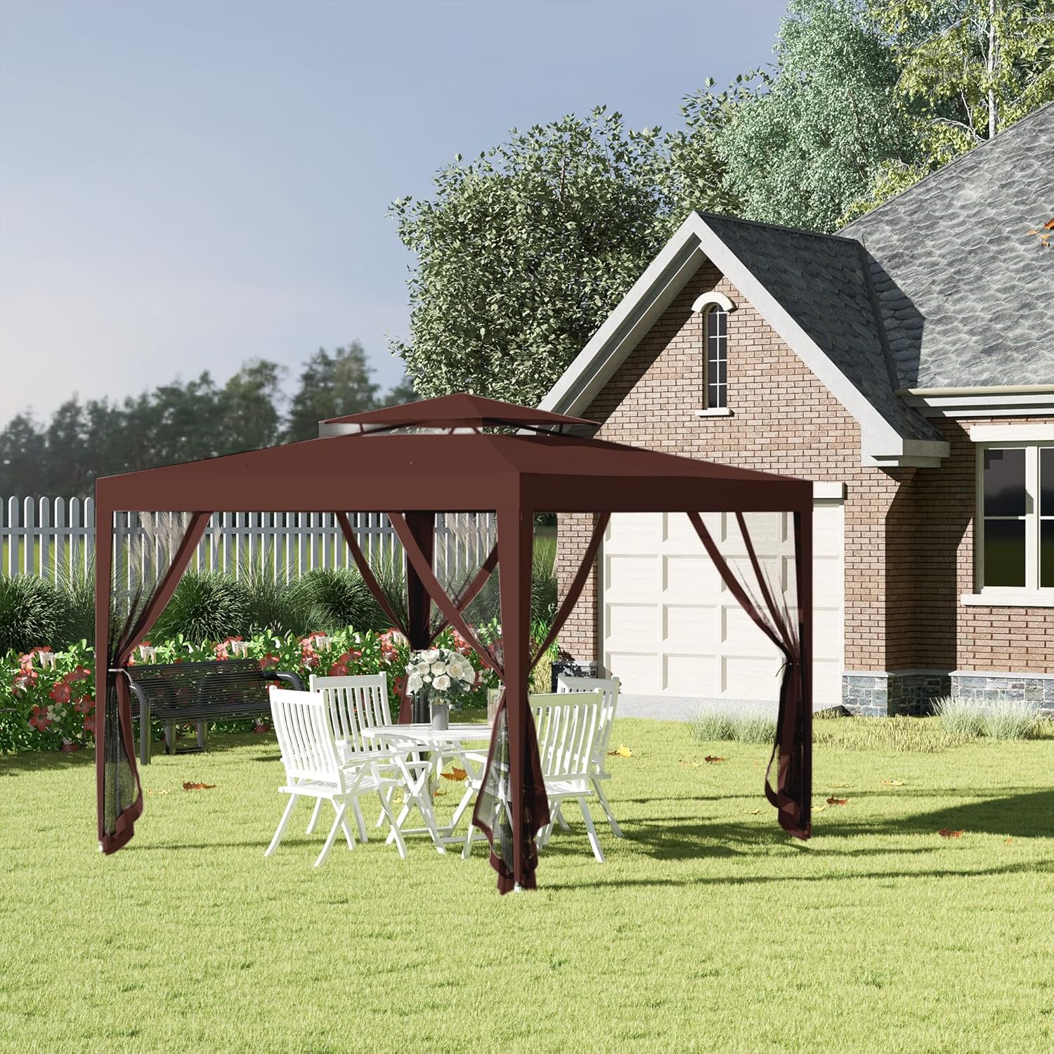 Outsunny - Tonnelle Barnum Jardin - 3x3m - double toit, 4 moustiquaires amovibles