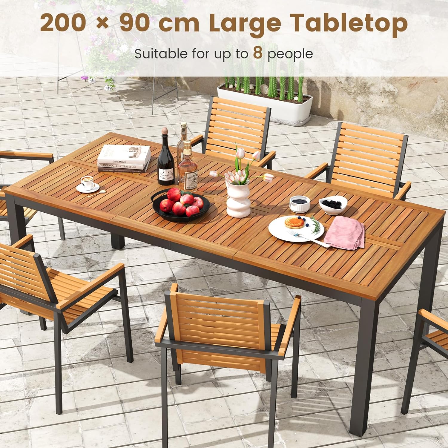 GOPLUS - Table de jardin 8 places, bois d'acacia, métal, 90x200x75cm