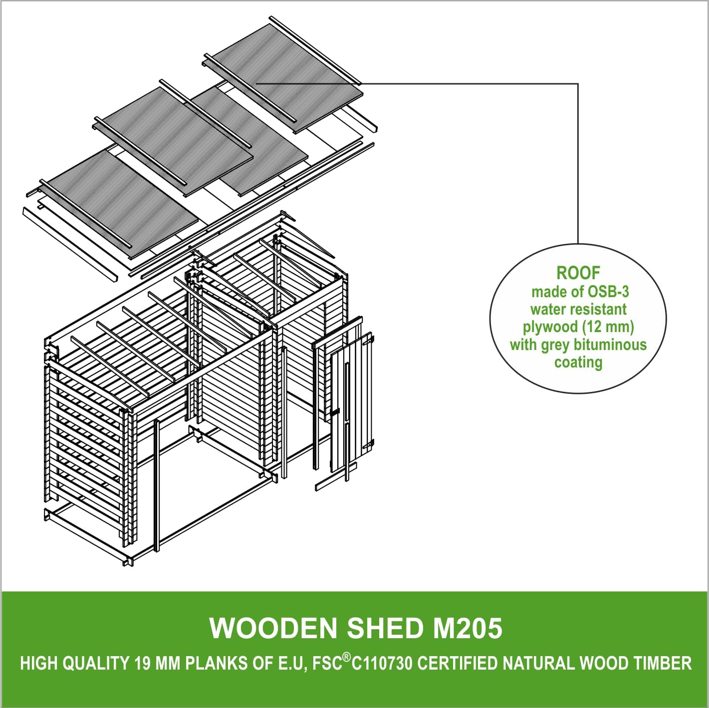 TIMBELA M205 Abri de Jardin+ Chalet pour vélos/Bucher/Abri conteneur - Cabane de Jardin avec Toit Plat - 344 x 130 cm - 2,54 m2+1,1 m2
