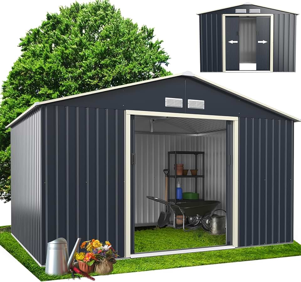 RELAX4LIFE - Abri de jardin métal - 340x255x210cm - porte coulissante, toit pente, extérieur, résistant - KX7177KV+FR