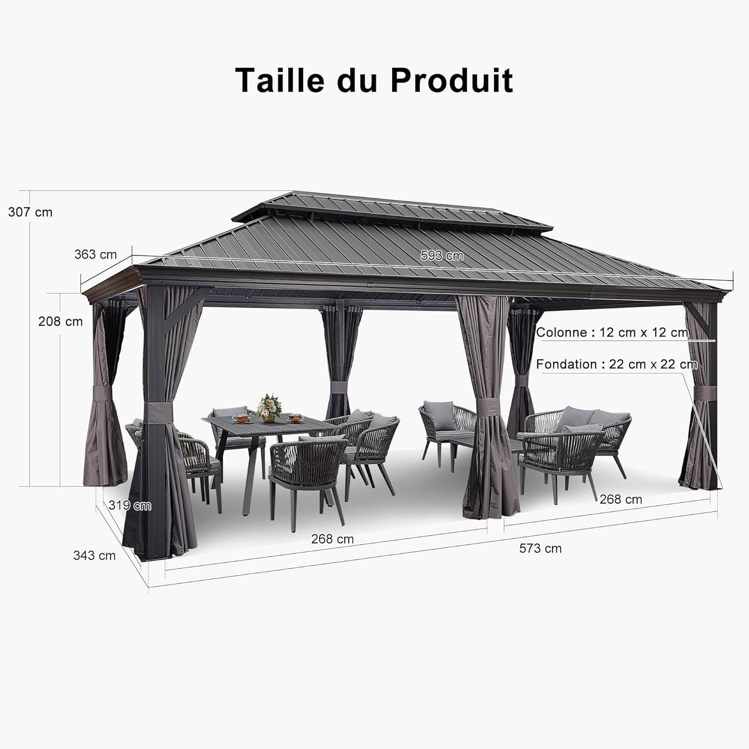 PURPLE LEAF - Pergola double toit acier - 6x3,65m - moustiquaire, rideaux, gouttière, poteaux renforcés