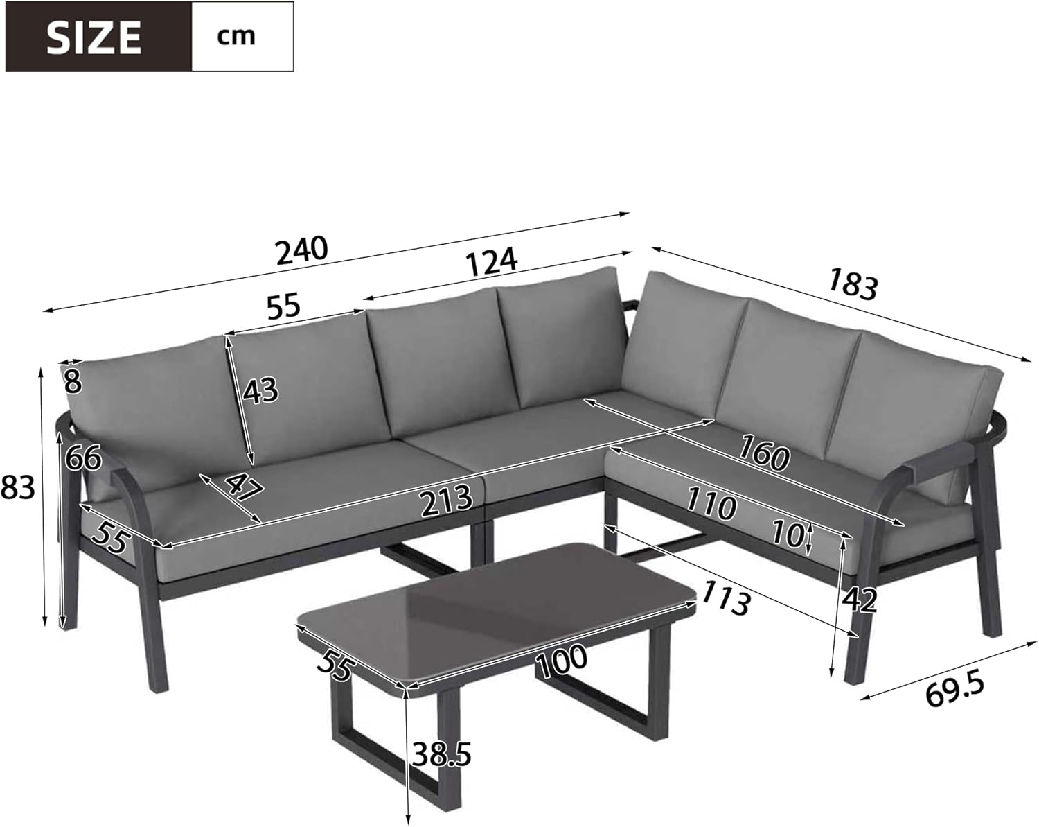 Sapgaks - Salon de jardin extérieur 5-6 pers - acier galva, dossiers tressés, table basse, coussins - G-Gris
