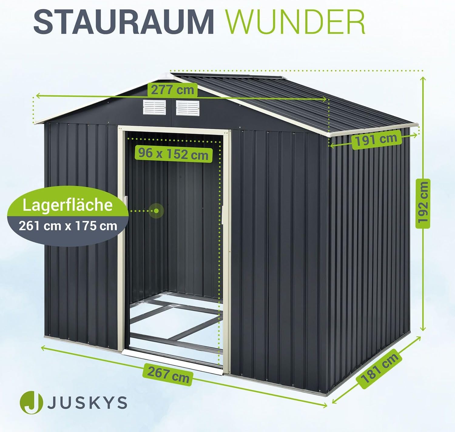 Juskys - Abri à Outils XL - 277x191x192cm - métal, porte coulissante, toit incliné