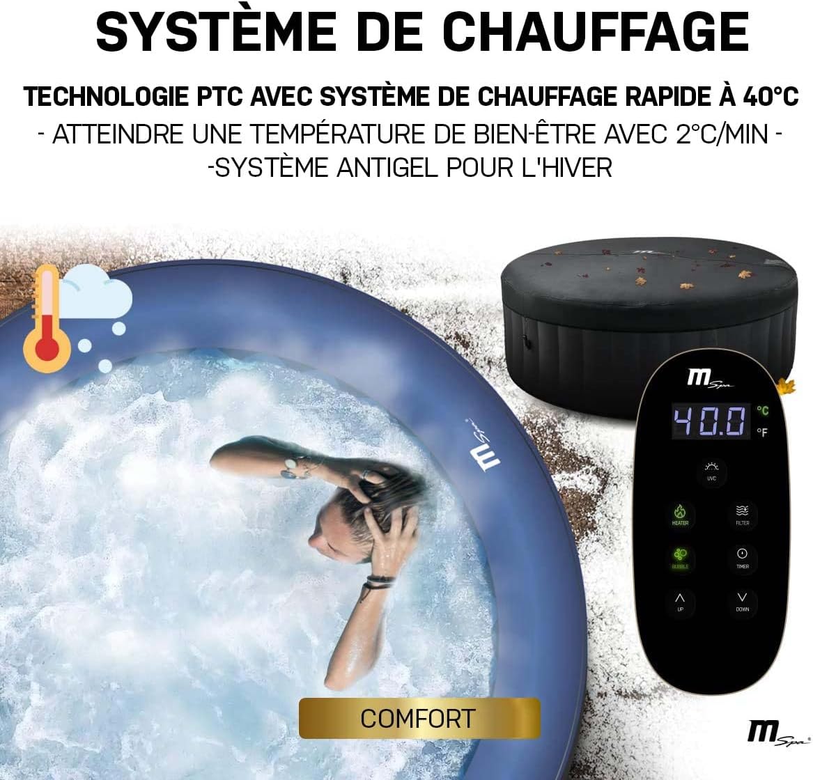Miweba MSpa Spa Gonflable Extérieur Bergen C-BE041 | Rond ⌀ 180,0 cm - Spa Gonflable 4 Personnes - Nettoyage UV-C - Jusqu'à 1077 L - 40°C - Télécommande - 118 Jets (4 Personnes)