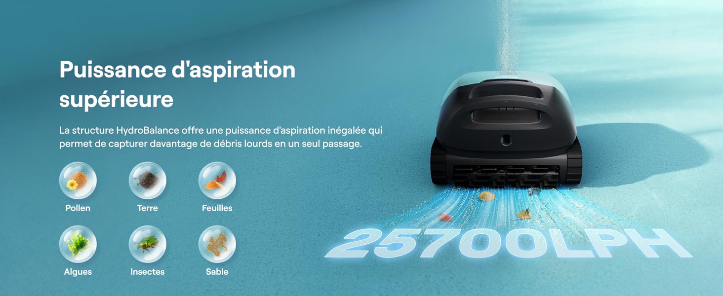 Le texte se lit comme suit : « Puissance d'aspiration supérieure ». Schéma technique du produit montrant les spécifications de l'appareil avec des icônes et des mesures