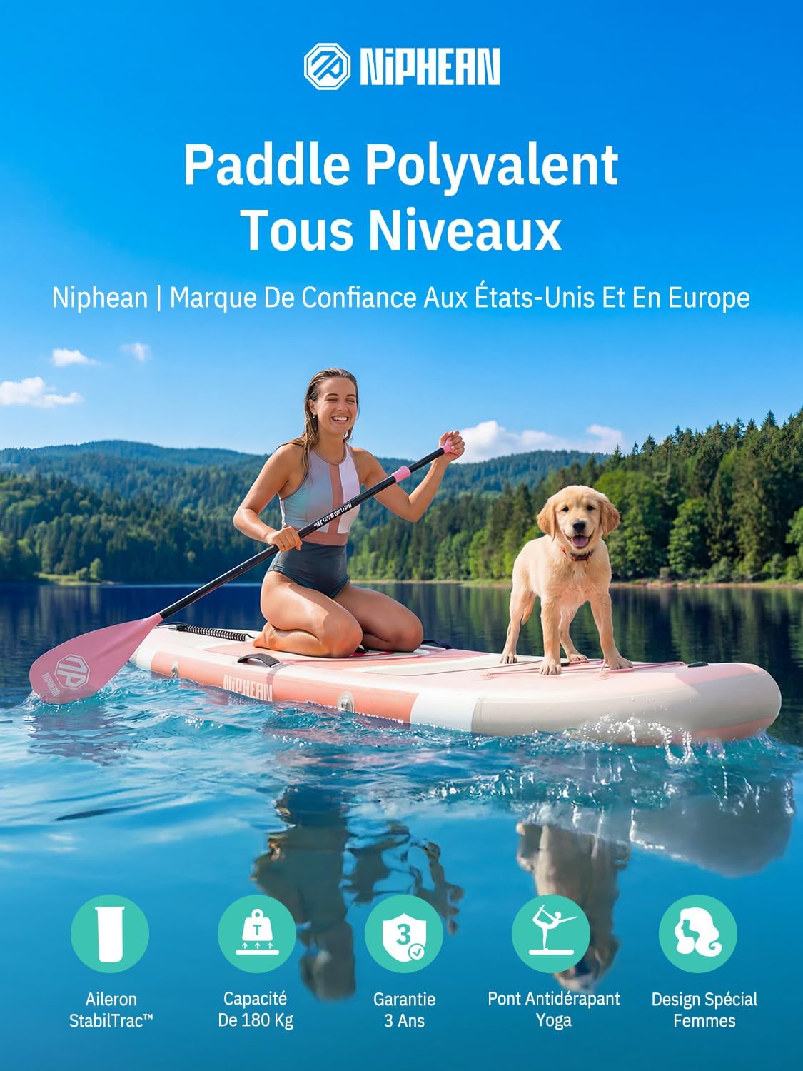 Niphean - Paddle Gonflable Adulte avec siège - Ultraléger  - Aileron StabilTrac, paddle yoga antidérapant, animaux