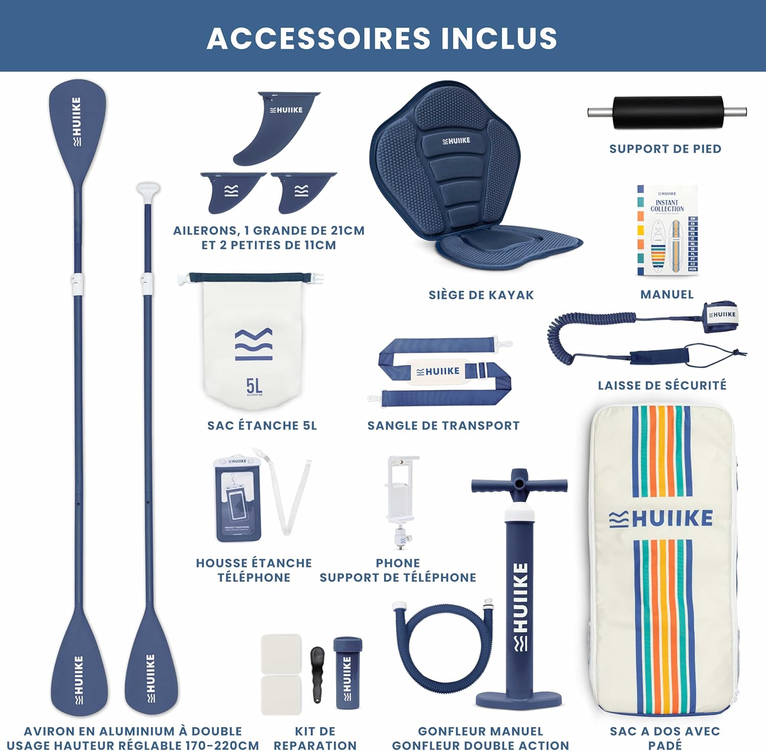 HUIIKE - Paddle gonflable adulte - 305x84x15cm - grande stabilité, accessoires inclus