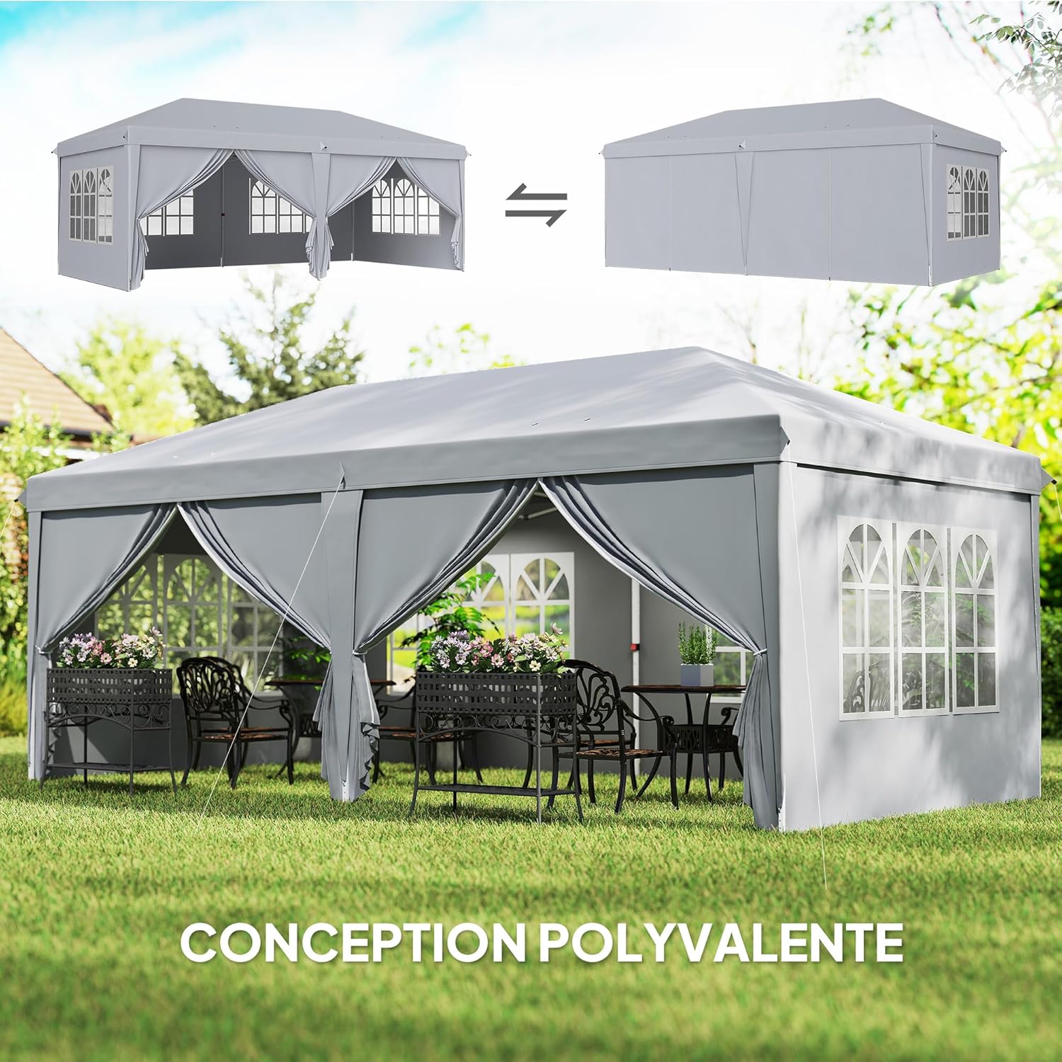 Outsunny - Tonnelle pliante 3x6m, acier renforcé, côtés amovibles, sac, gris