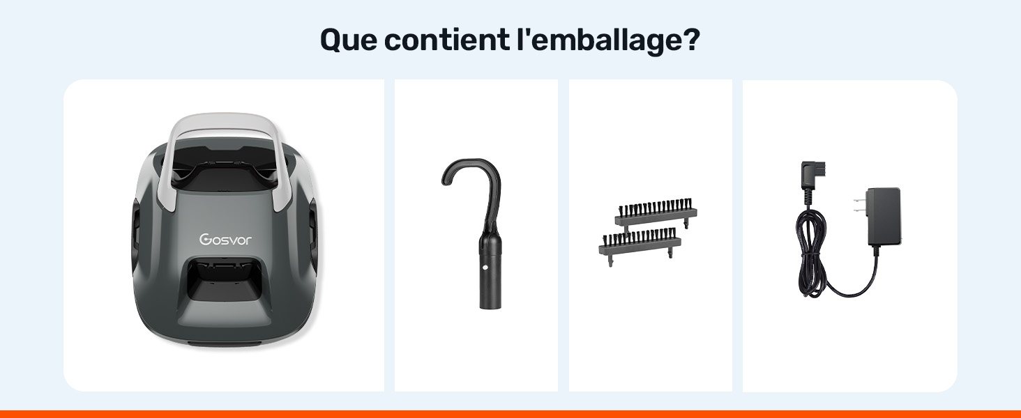 Le texte se lit comme suit : « Que contient l'emballage ? » Disposition des composants du produit montrant un appareil électronique noir avec les accessoires associés, y compris un adaptateur secteur et le matériel de montage.